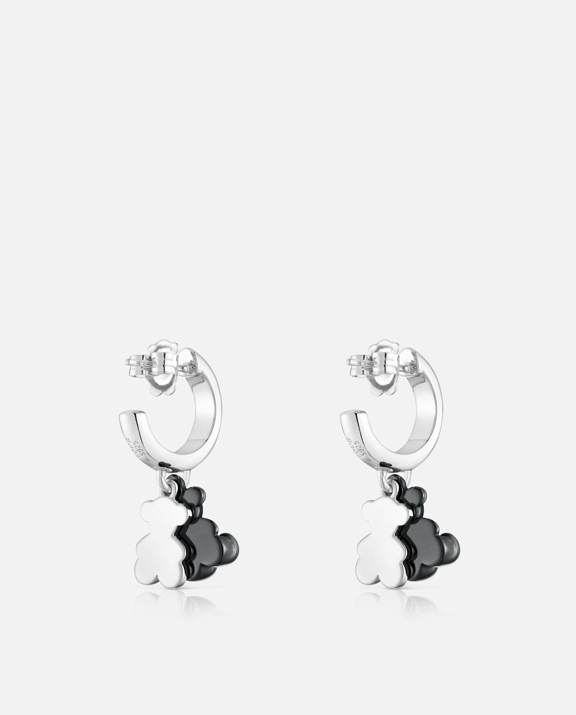 Brincos de Argola em Prata com Cerâmica Preta e Duplo Urso Bold Bear Preto-3