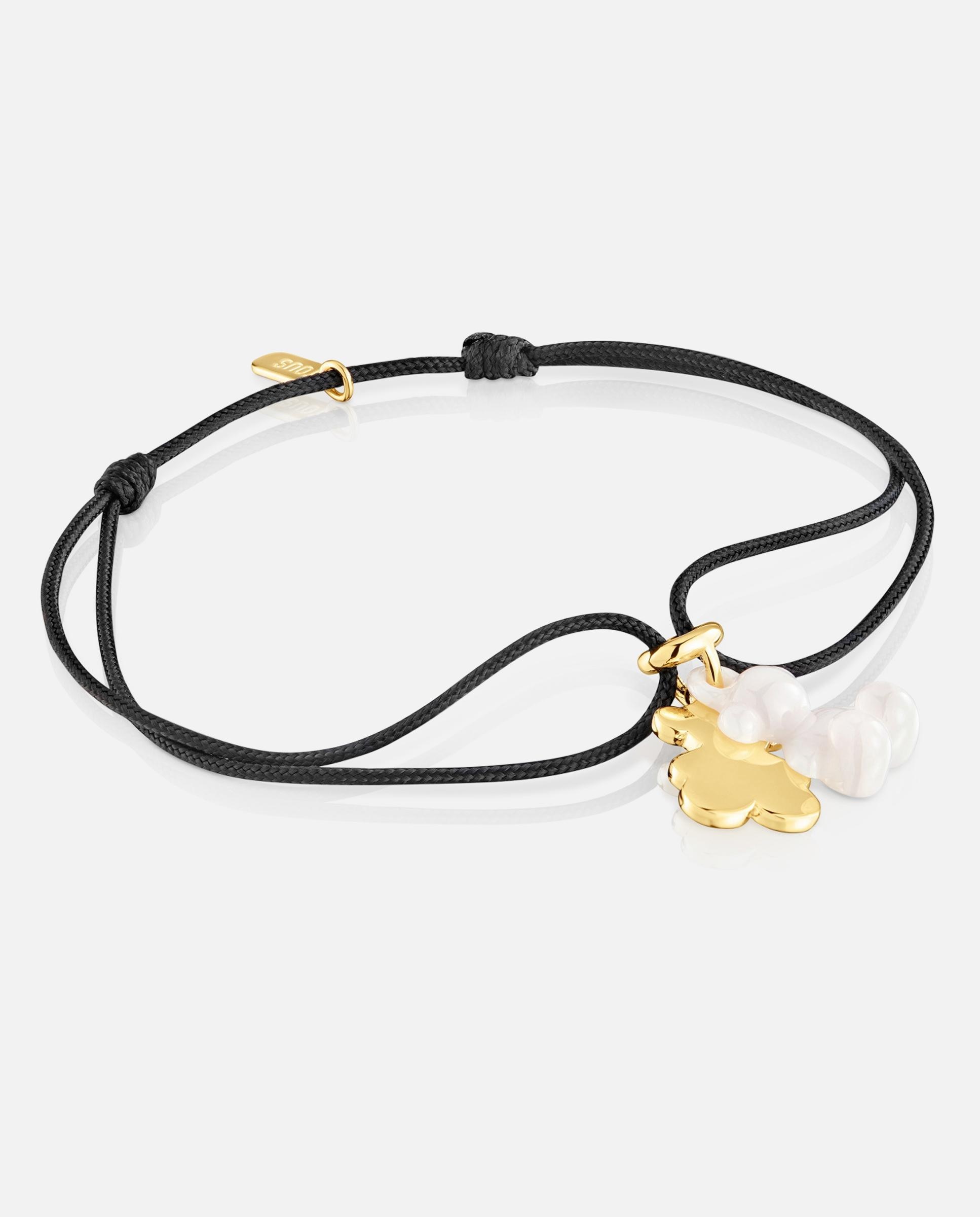 Imagem 0 de Pulseira de Cordão e Fio Bold Bear Duplo Urso com Banho de Ouro 18 Kt Sobre Prata, Cerâmica Branca e Nylon em Preto