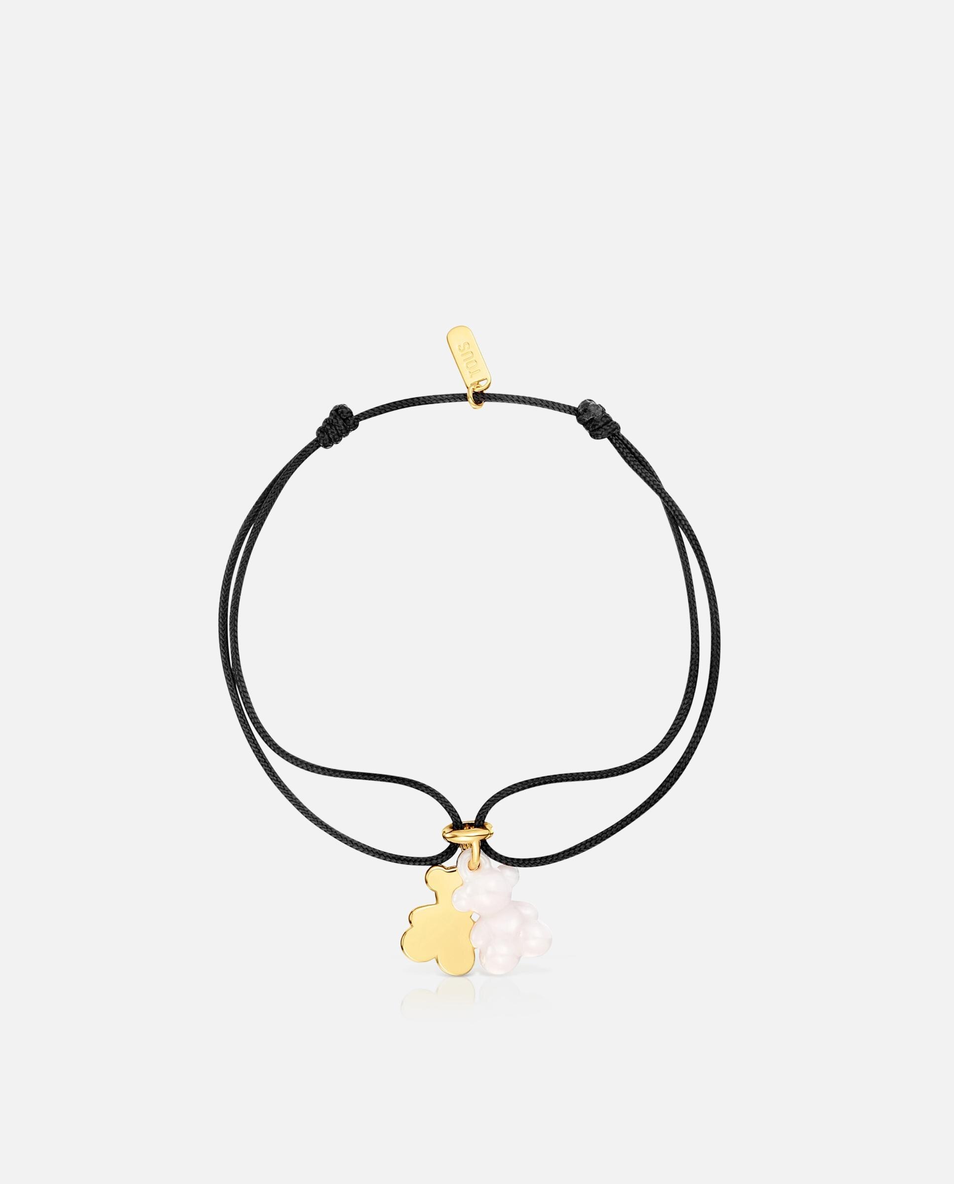 Pulseira de Cordão e Fio Bold Bear Duplo Urso com Banho de Ouro 18 Kt Sobre Prata, Cerâmica Branca e Nylon em Preto Ouro-2