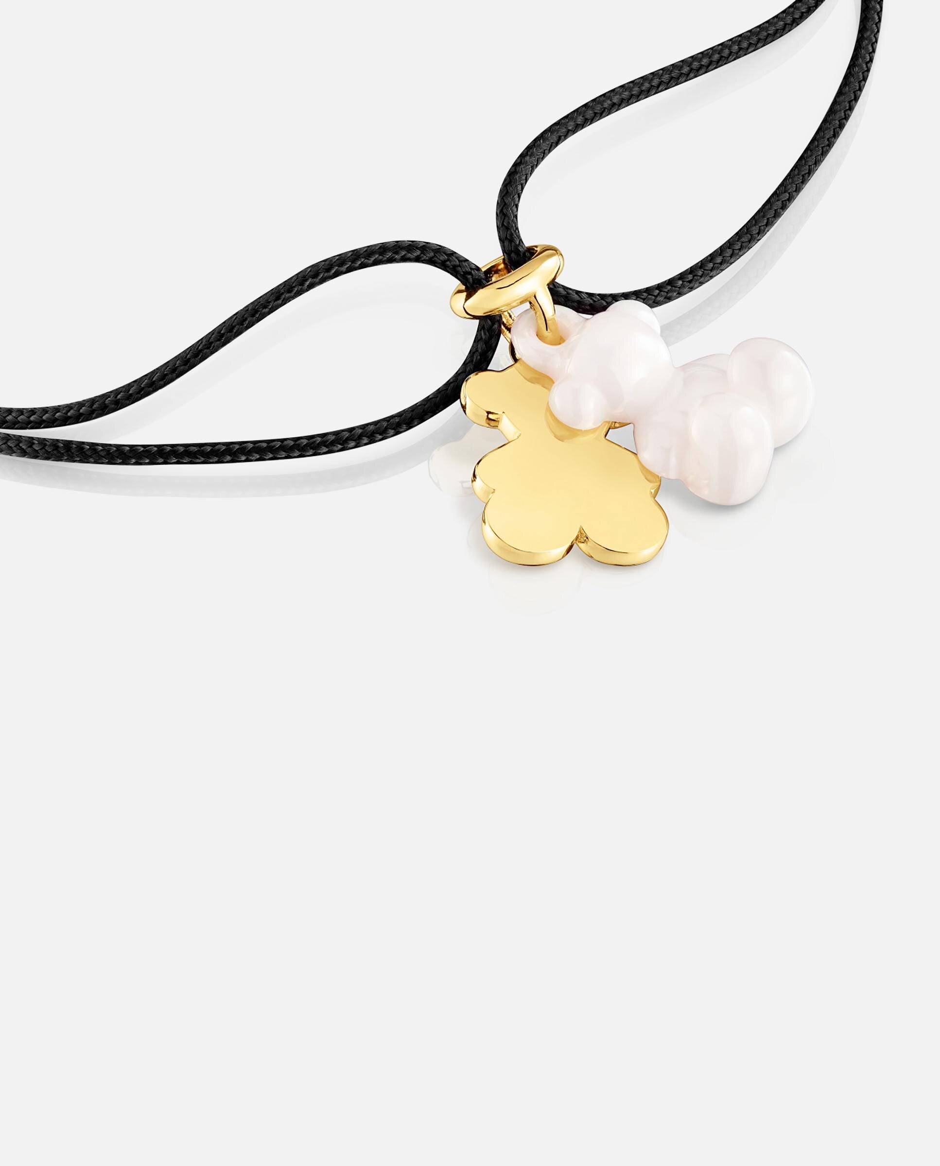 Pulseira de Cordão e Fio Bold Bear Duplo Urso com Banho de Ouro 18 Kt Sobre Prata, Cerâmica Branca e Nylon em Preto Ouro-3