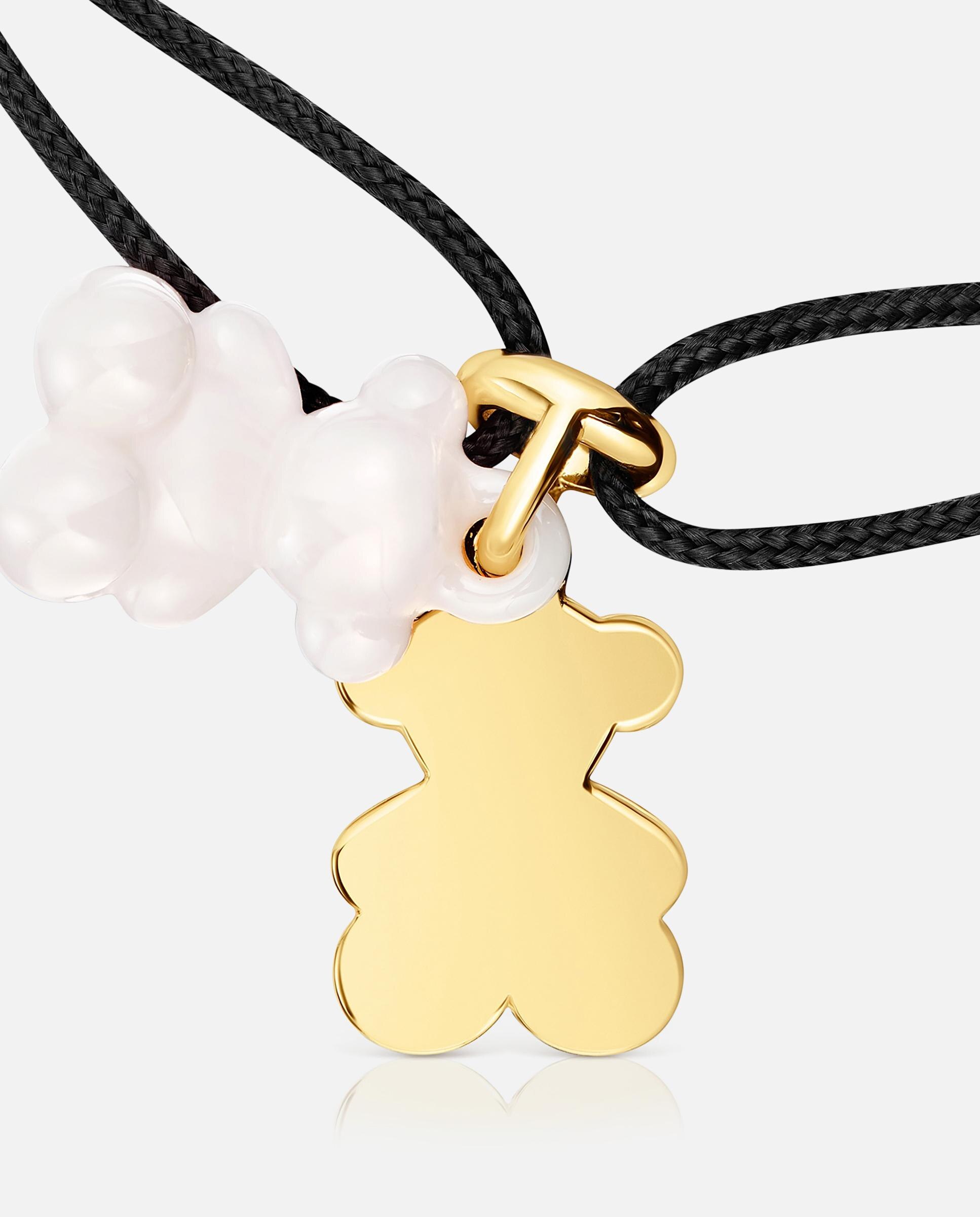 Pulseira de Cordão e Fio Bold Bear Duplo Urso com Banho de Ouro 18 Kt Sobre Prata, Cerâmica Branca e Nylon em Preto Ouro-4