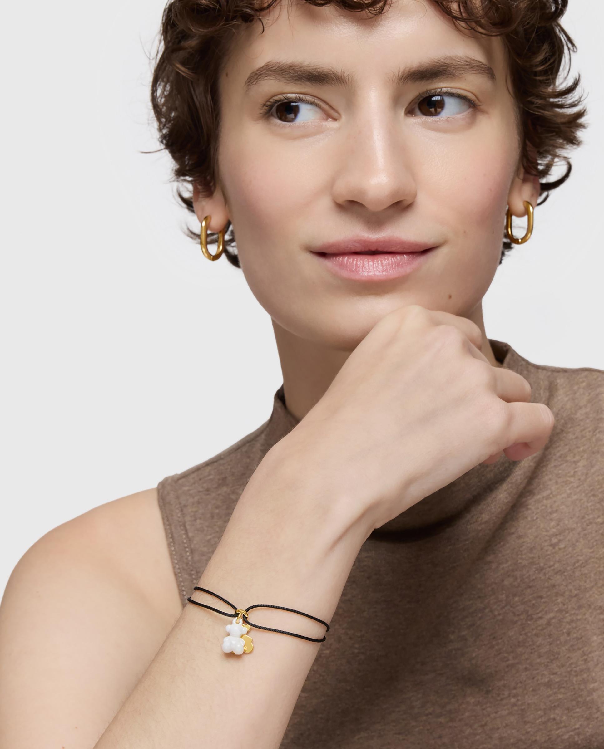 Pulseira de Cordão e Fio Bold Bear Duplo Urso com Banho de Ouro 18 Kt Sobre Prata, Cerâmica Branca e Nylon em Preto Ouro-5