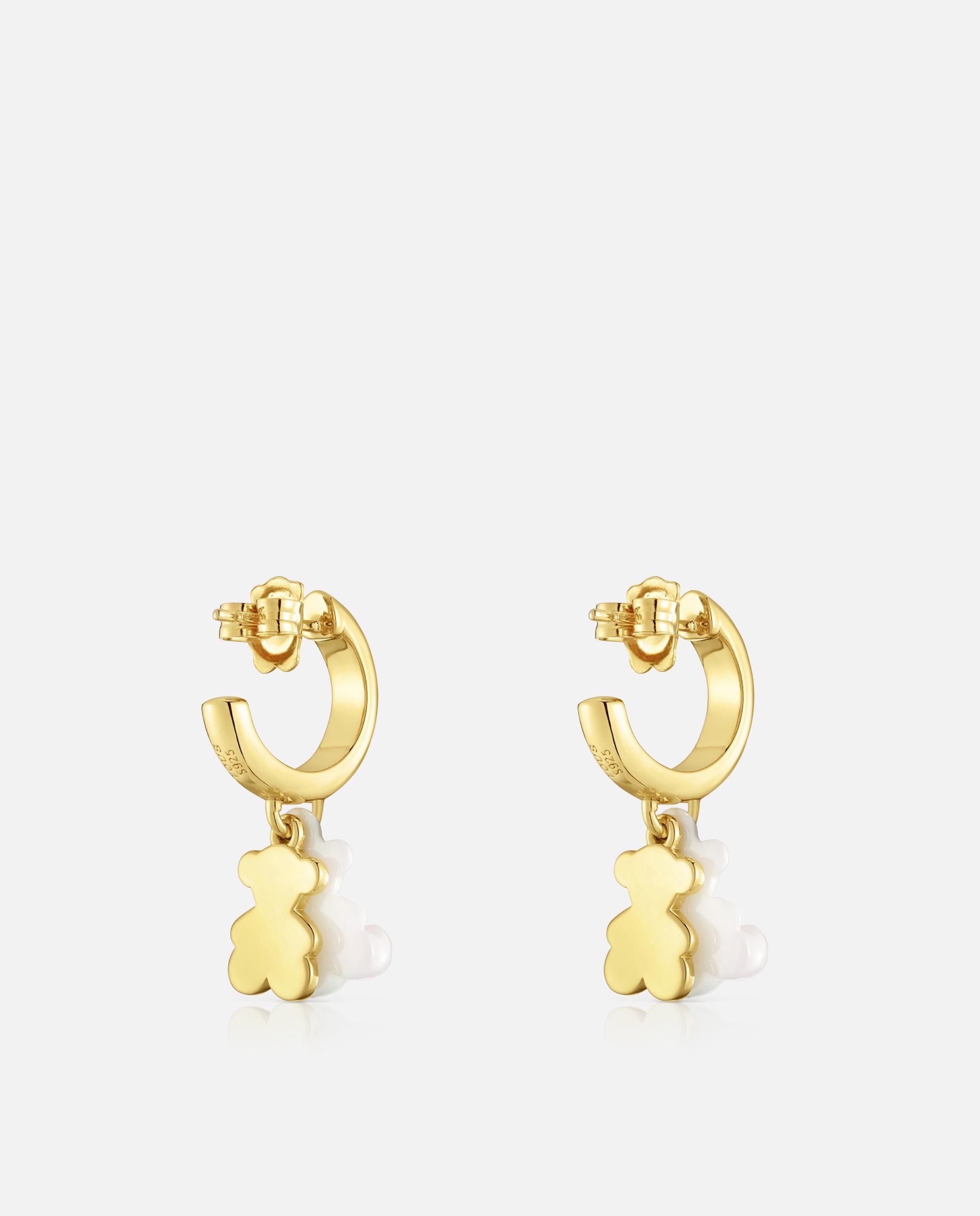 Brincos de Aro com Banho de Ouro 18 Kt Sobre Prata, Cerâmica Branca e Duplo Urso Bold Bear Branco-3