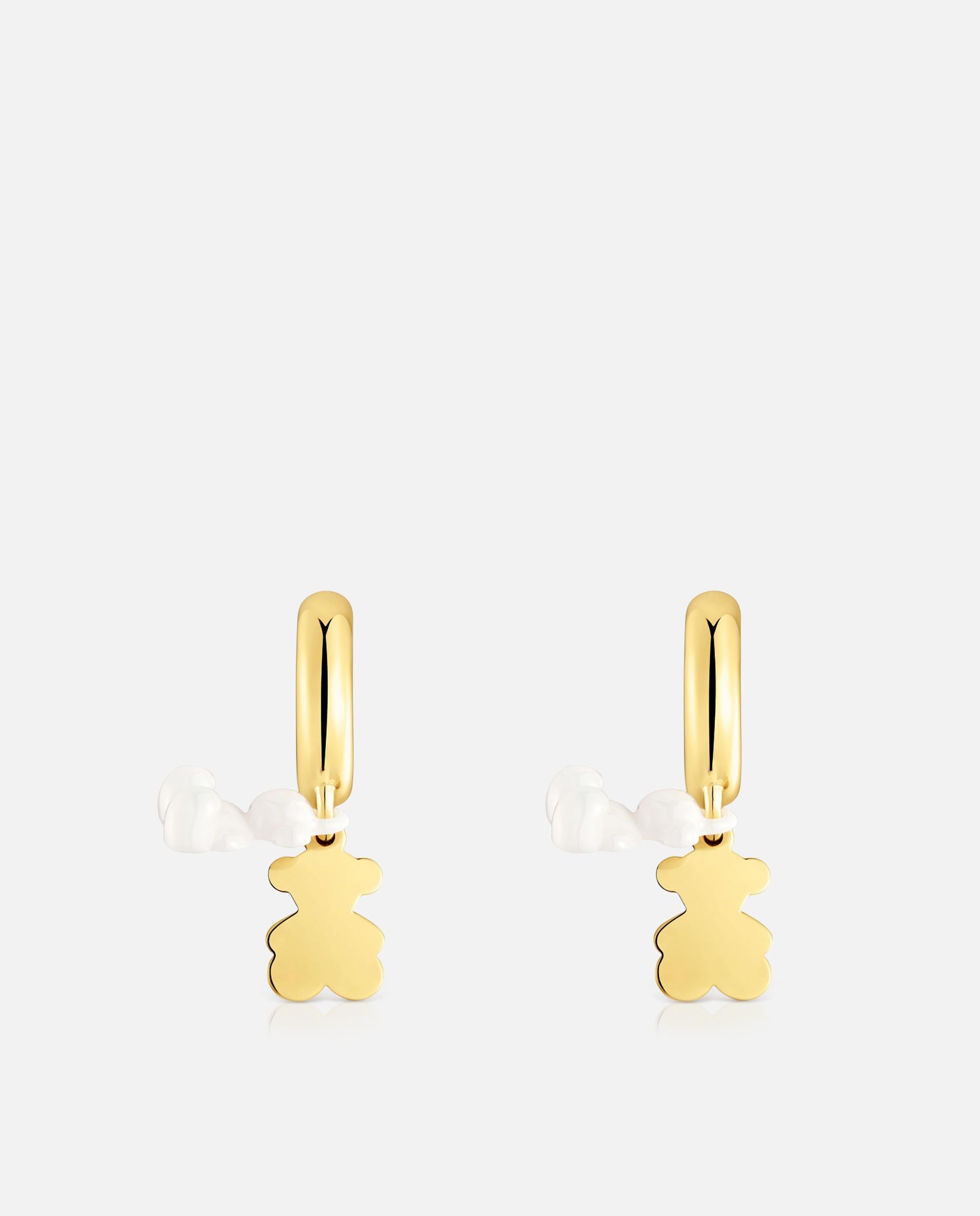 Brincos de Aro com Banho de Ouro 18 Kt Sobre Prata, Cerâmica Branca e Duplo Urso Bold Bear Branco-4