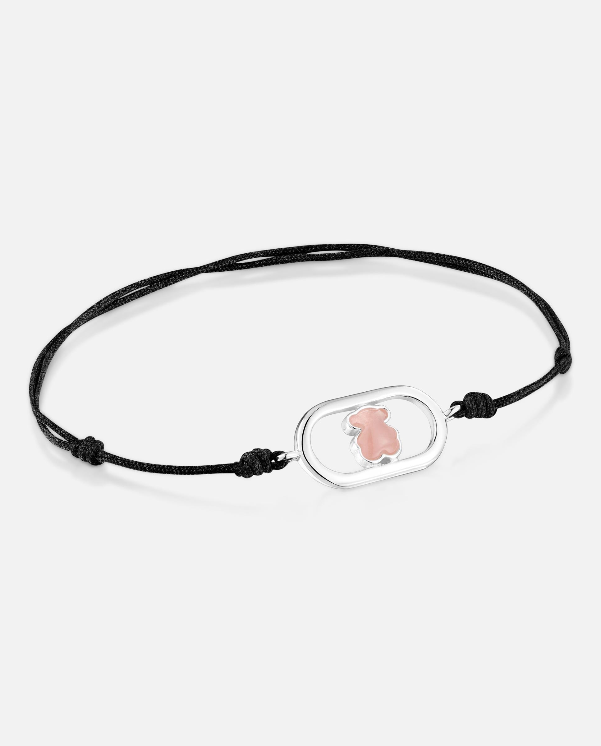 Pulseira Camille de Cordão em Preto de Prata e Quartzo Rosa-1