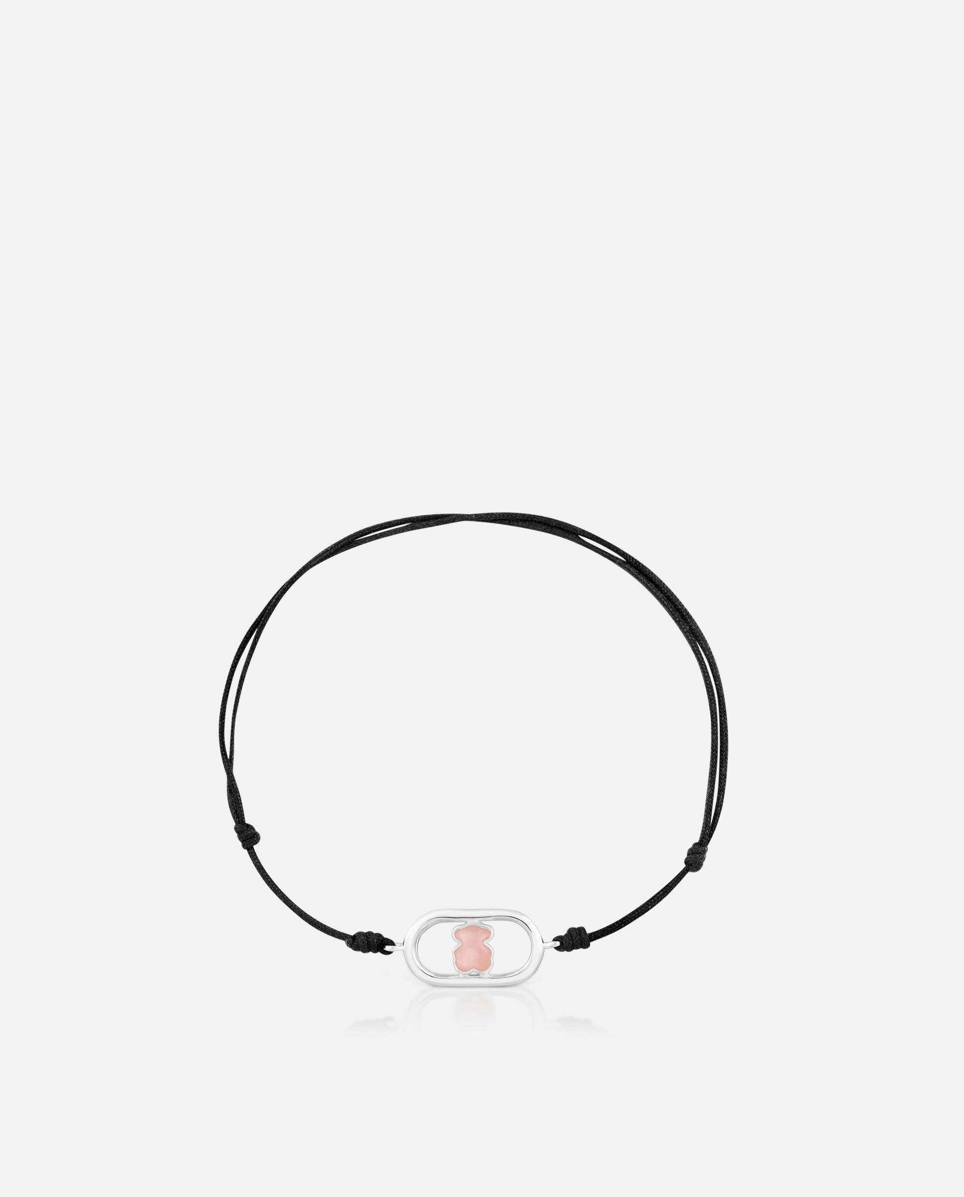 Pulseira Camille de Cordão em Preto de Prata e Quartzo Rosa-2