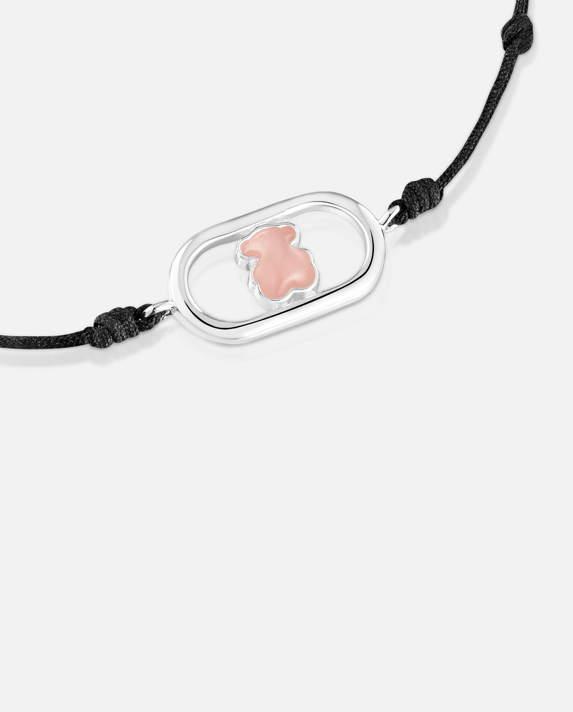 Pulseira Camille de Cordão em Preto de Prata e Quartzo Rosa-3