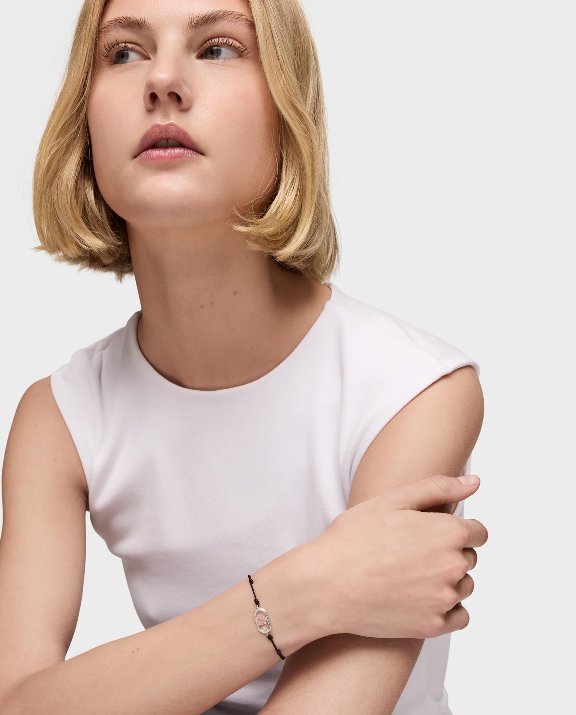 Pulseira Camille de Cordão em Preto de Prata e Quartzo Rosa-4