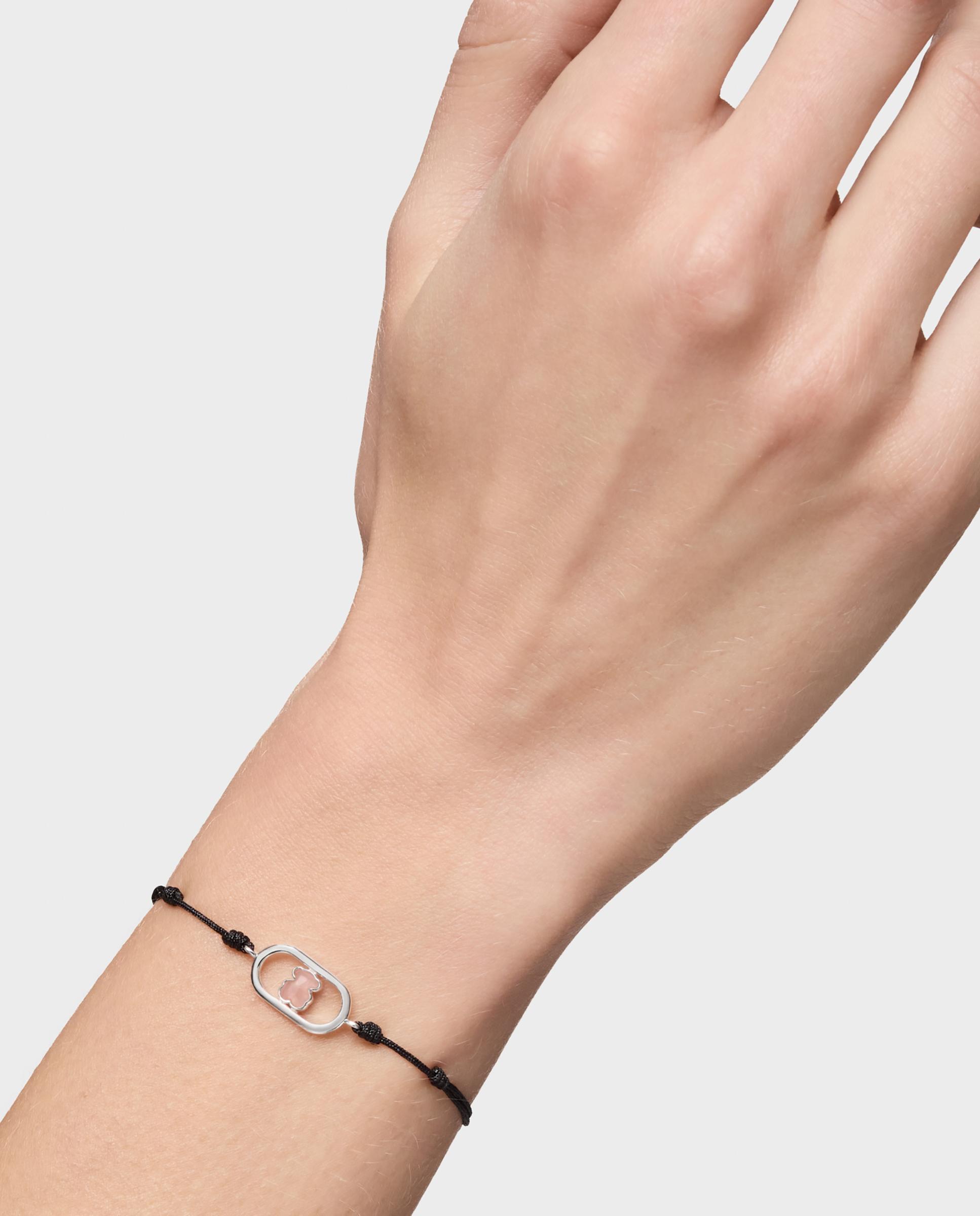 Pulseira Camille de Cordão em Preto de Prata e Quartzo Rosa-6