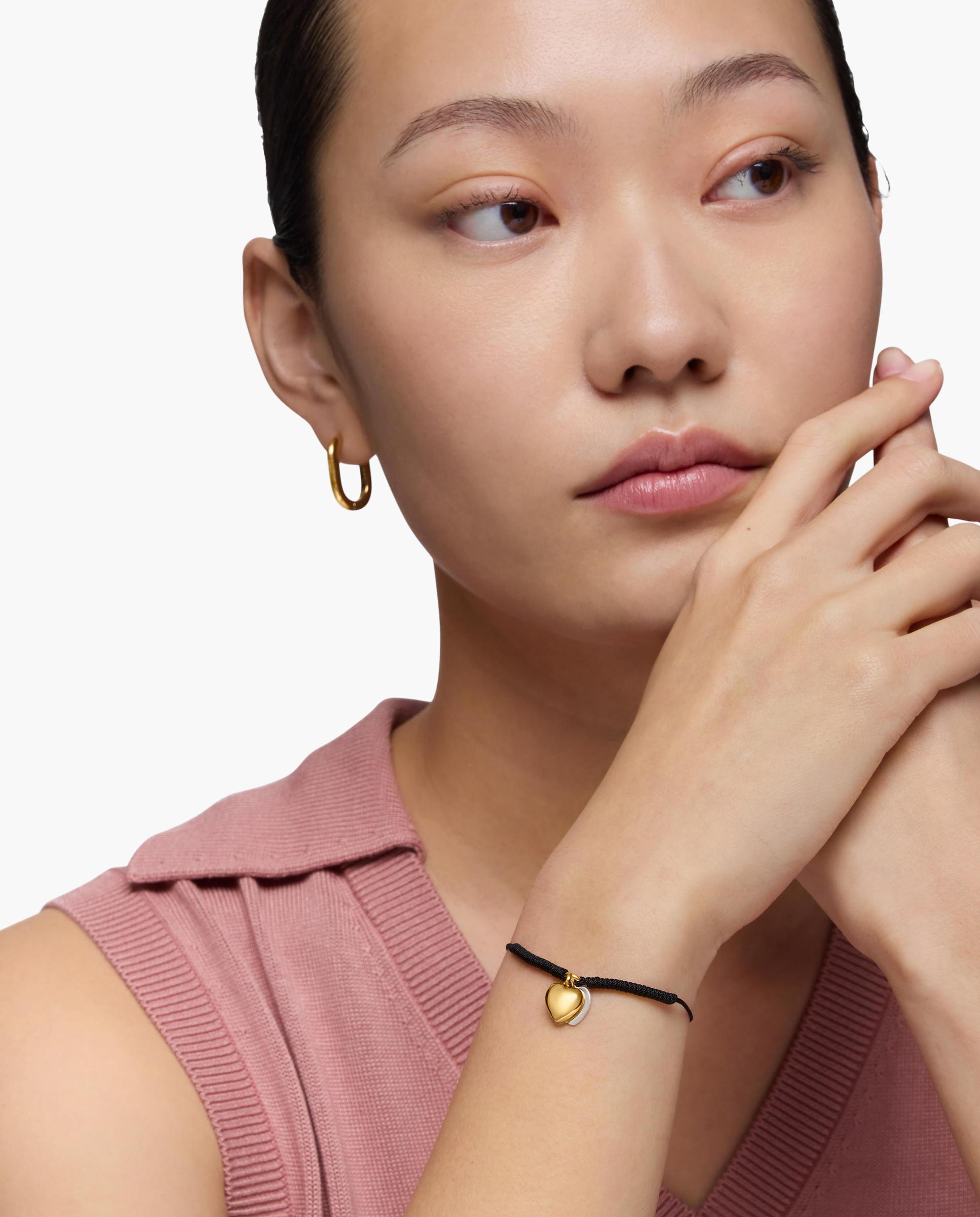 Pulseira Flechazo Duplo Coração Banhada a Ouro 18 Kt Sobre Prata e Nylon em Preto Multicolor-4