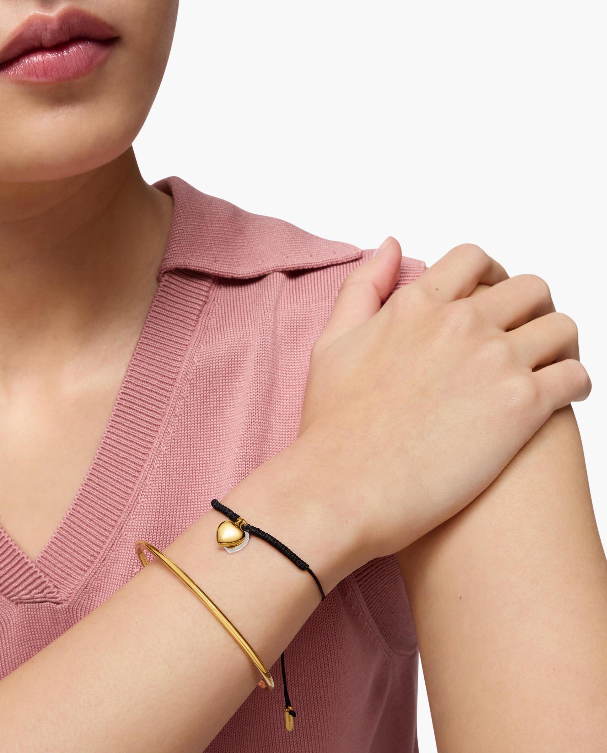 Pulseira Flechazo Duplo Coração Banhada a Ouro 18 Kt Sobre Prata e Nylon em Preto Multicolor-5