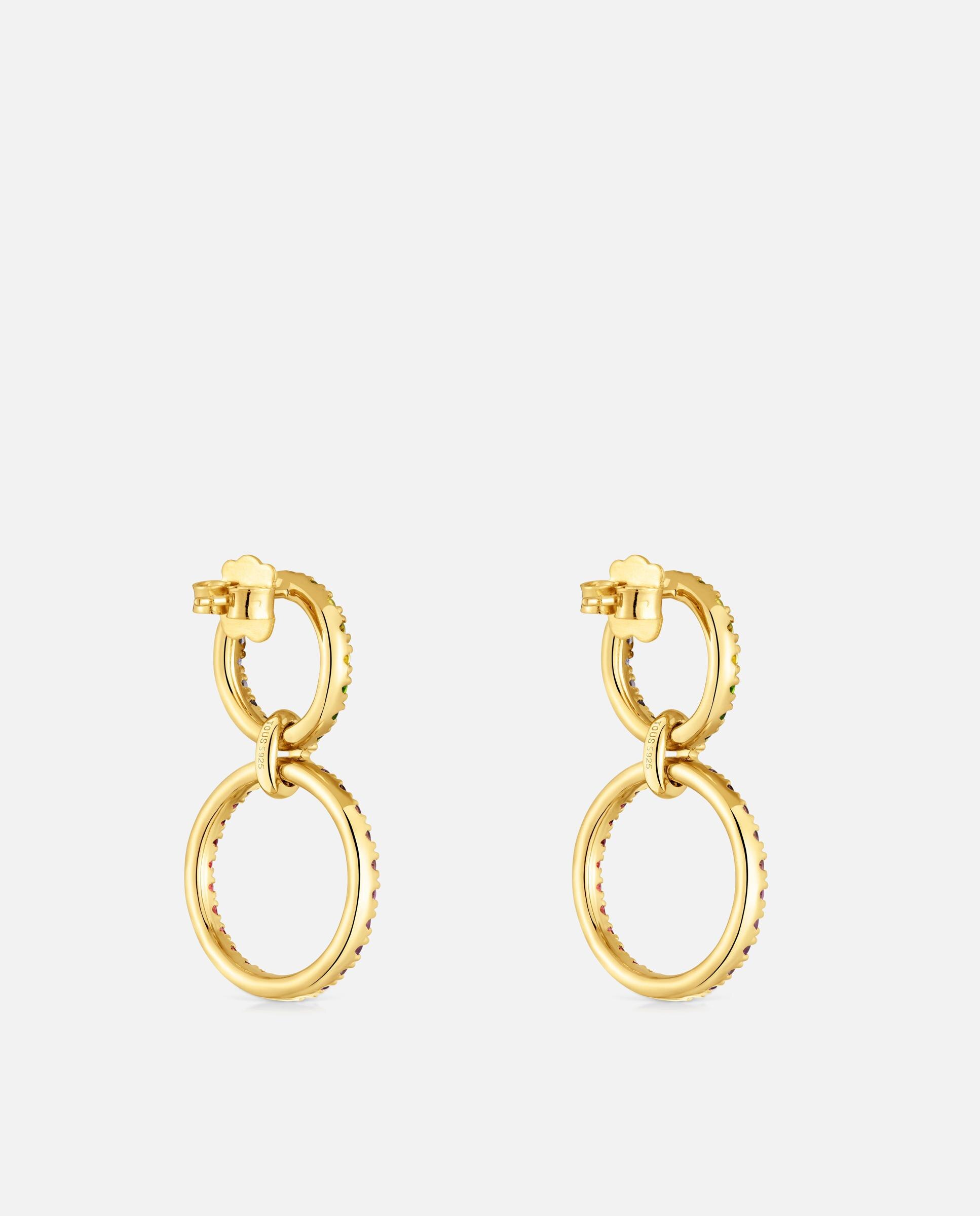 Brincos Straight Círculo Duplo Banhados a Ouro 18 Kt em Prata com Gemas Multicolor-3