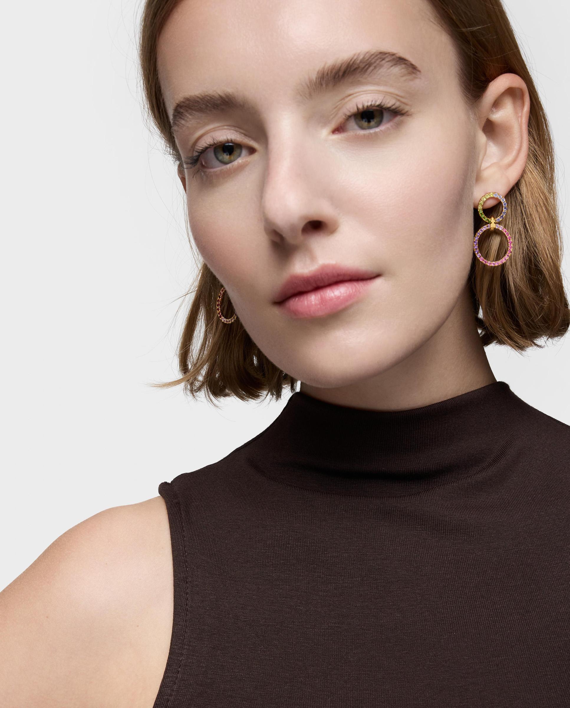 Brincos Straight Círculo Duplo Banhados a Ouro 18 Kt em Prata com Gemas Multicolor-4