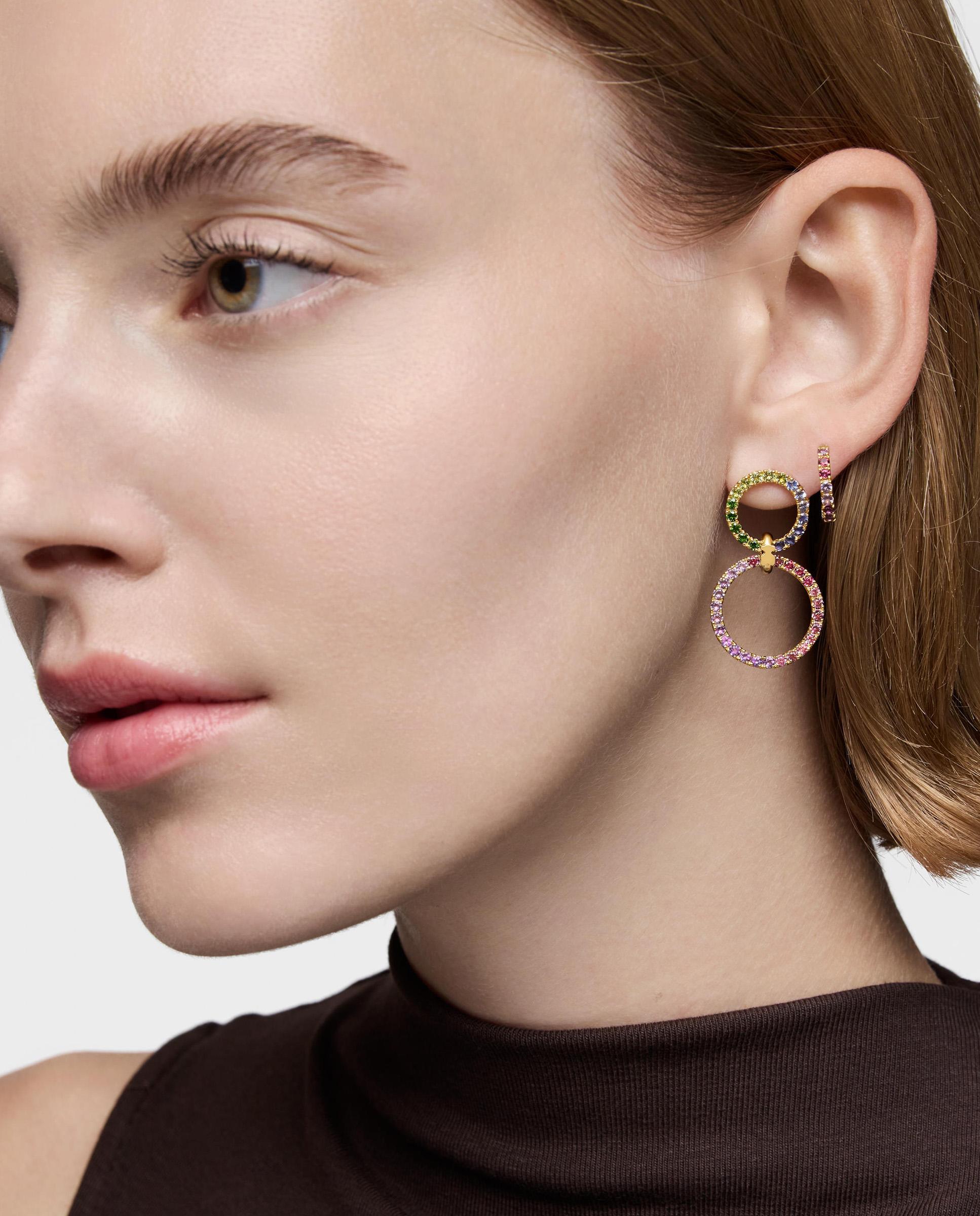 Brincos Straight Círculo Duplo Banhados a Ouro 18 Kt em Prata com Gemas Multicolor-5