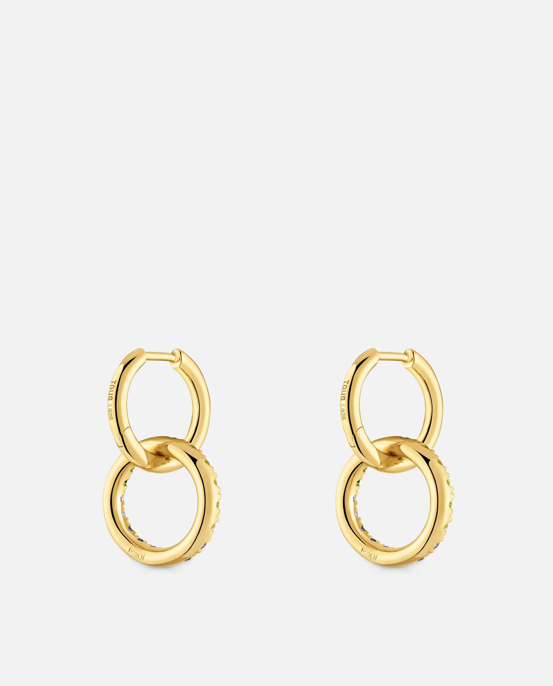 Brincos de Aro Duplo Straight Banhados a Ouro 18 Kt em Prata com Gemas Multicolor-3