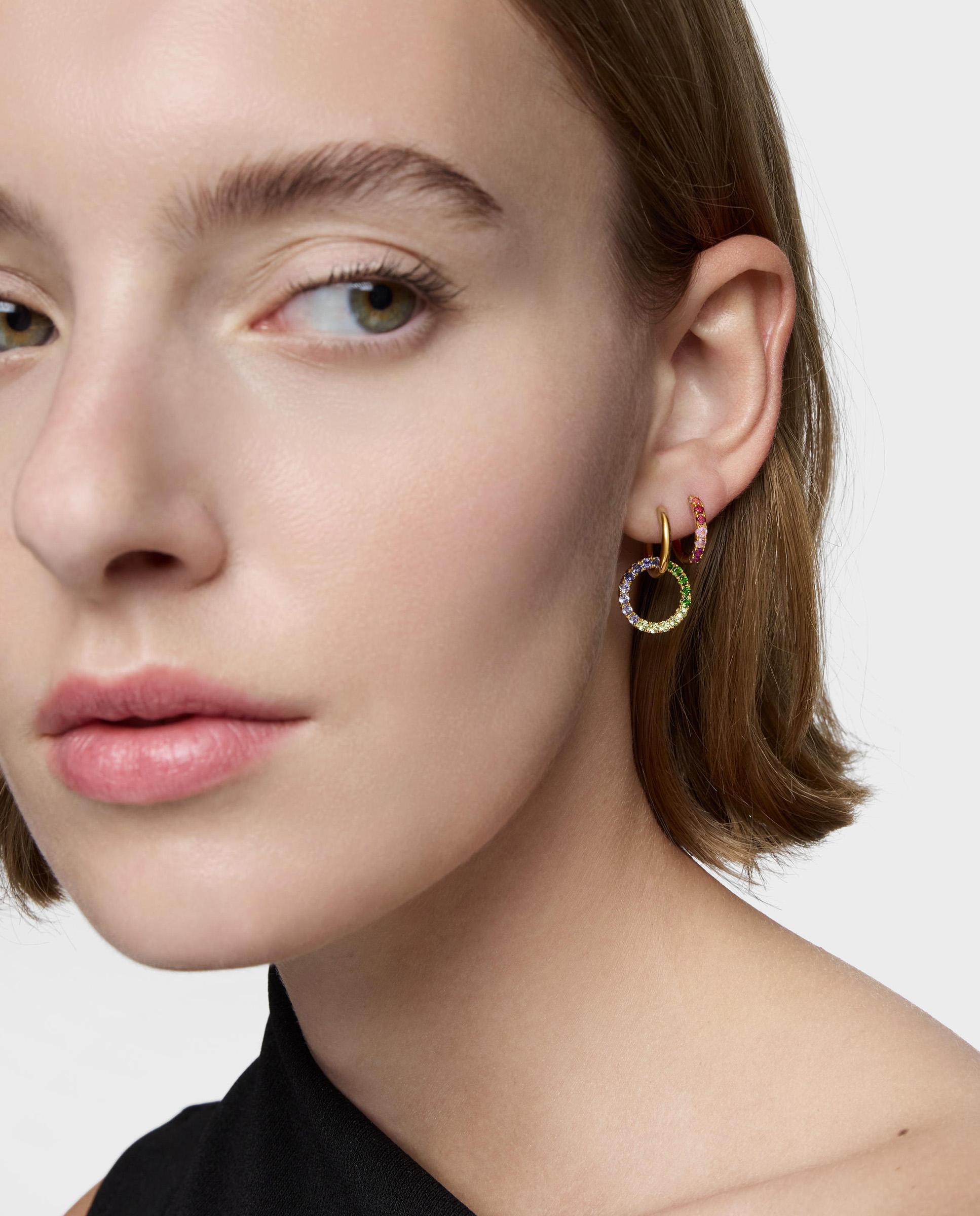 Brincos de Aro Duplo Straight Banhados a Ouro 18 Kt em Prata com Gemas Multicolor-5