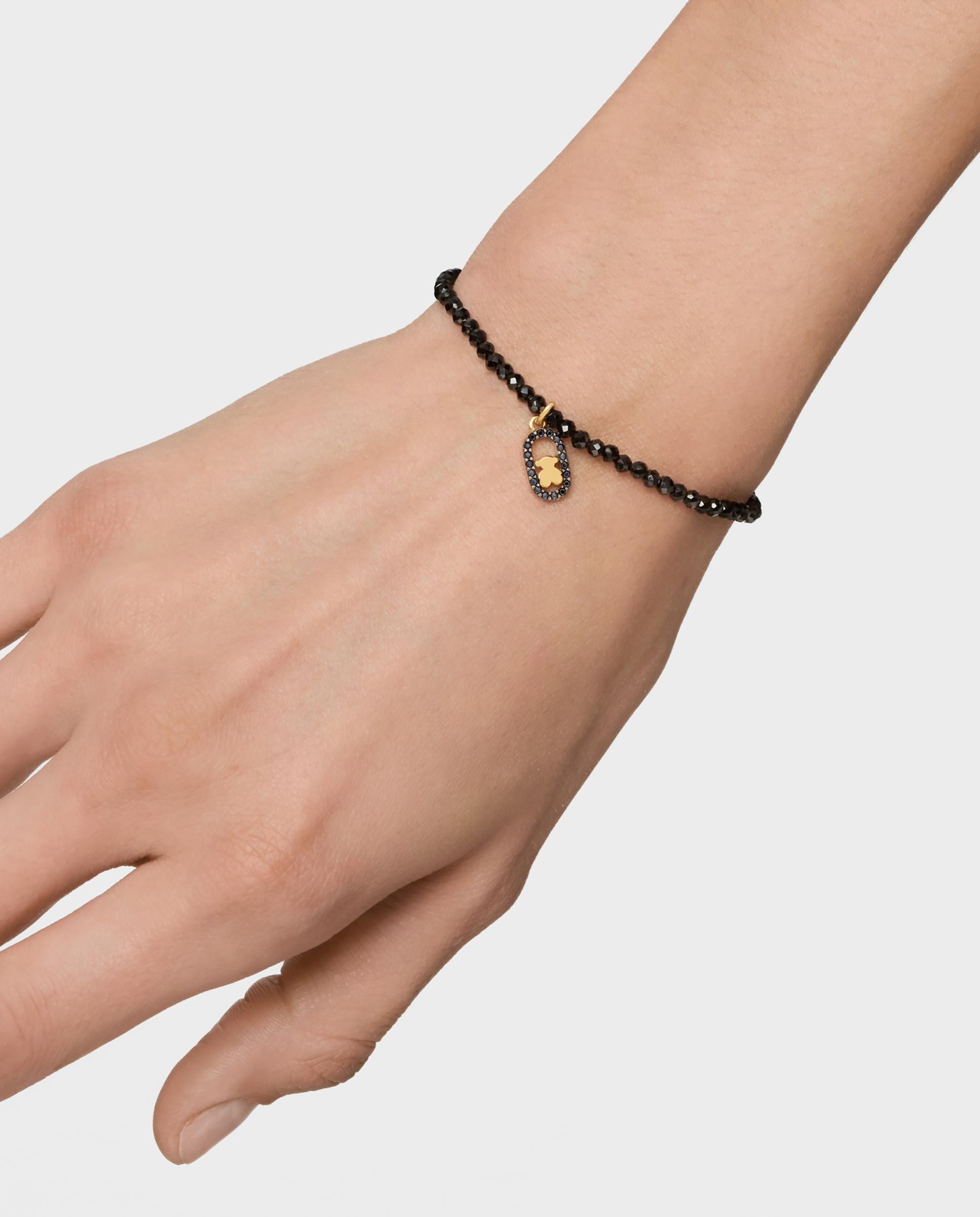 Pulseira de Cordão Camille Elástica com Espinelas e Banho de Ouro 18 Kt em Prata Preto-5