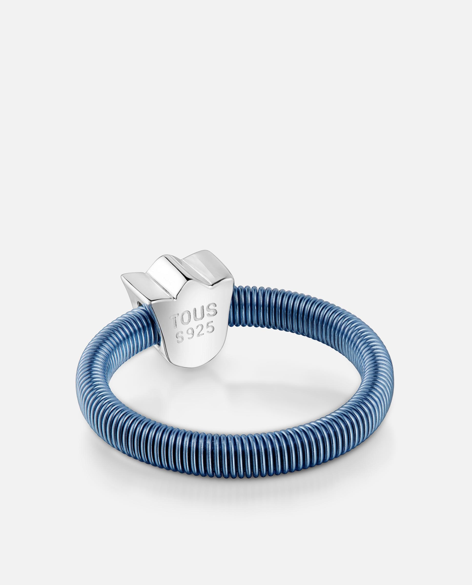 Anel Mesh Tube Tulipa de Prata e Aço em Azul Azul-3
