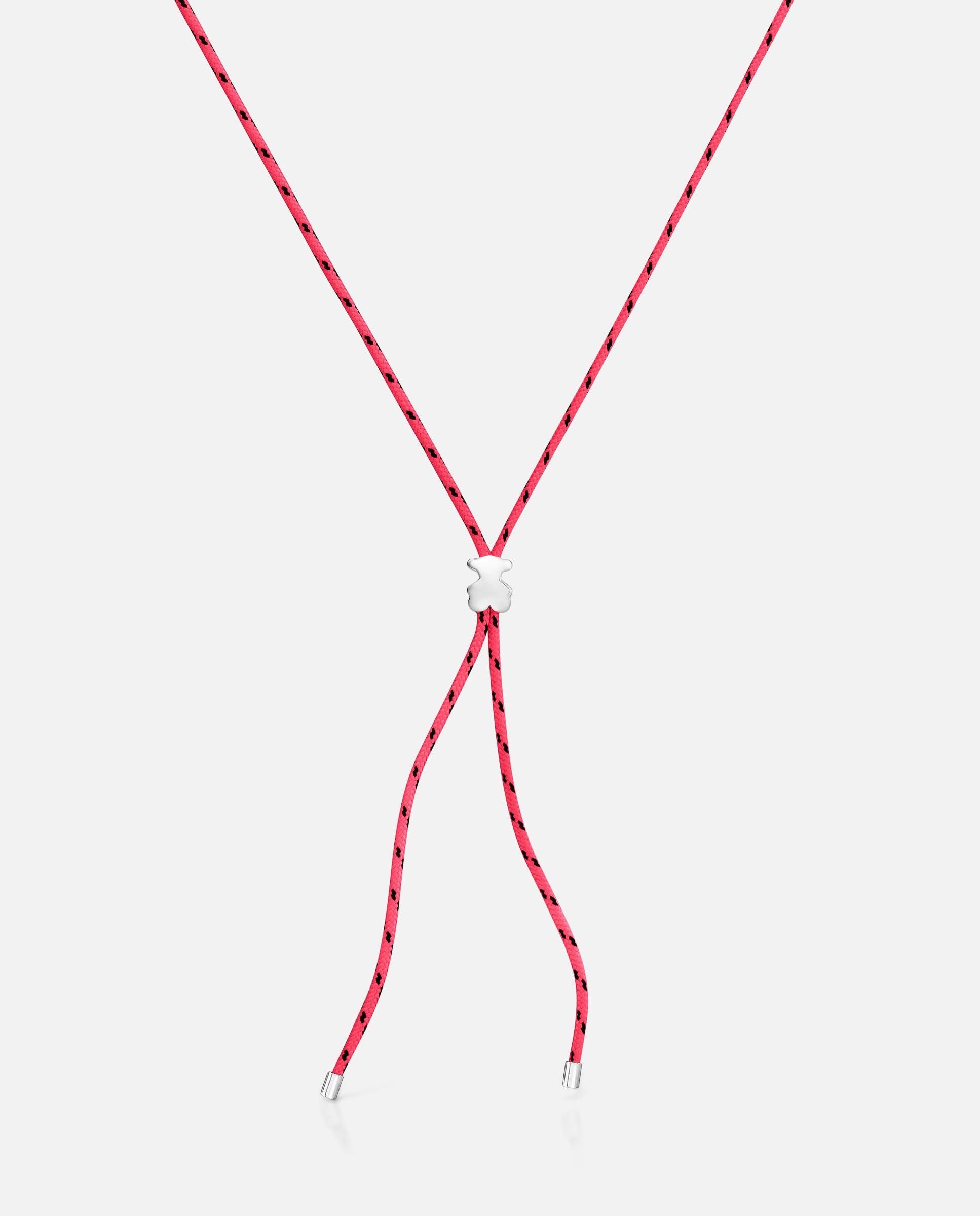 Colar Comprido Bold Motif Urso de Prata e Nylon Rosa Rosa-2