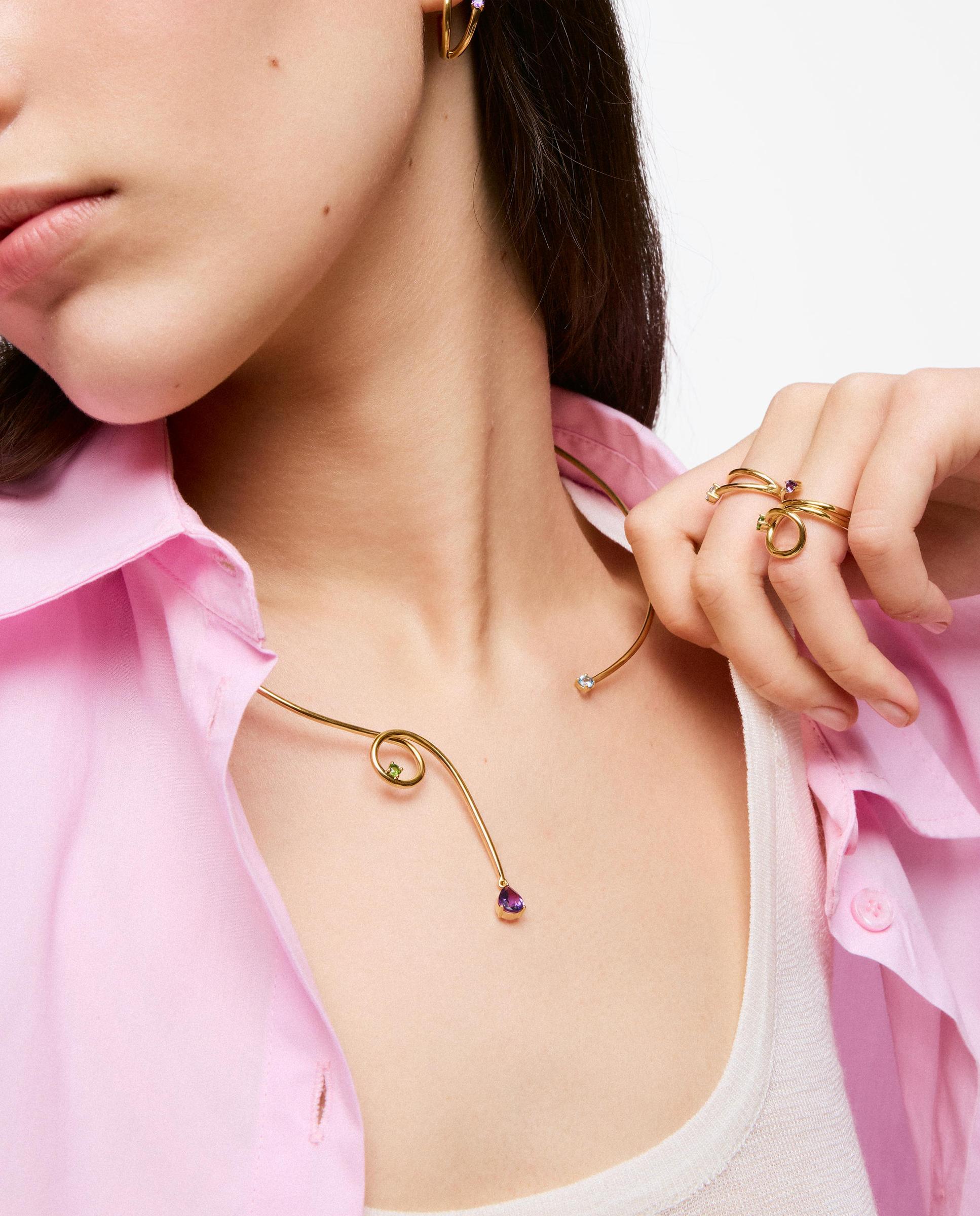 Colar Aberto com Banho de Ouro 18 Kt Sobre Prata e Gemas Lio Multicolor-3