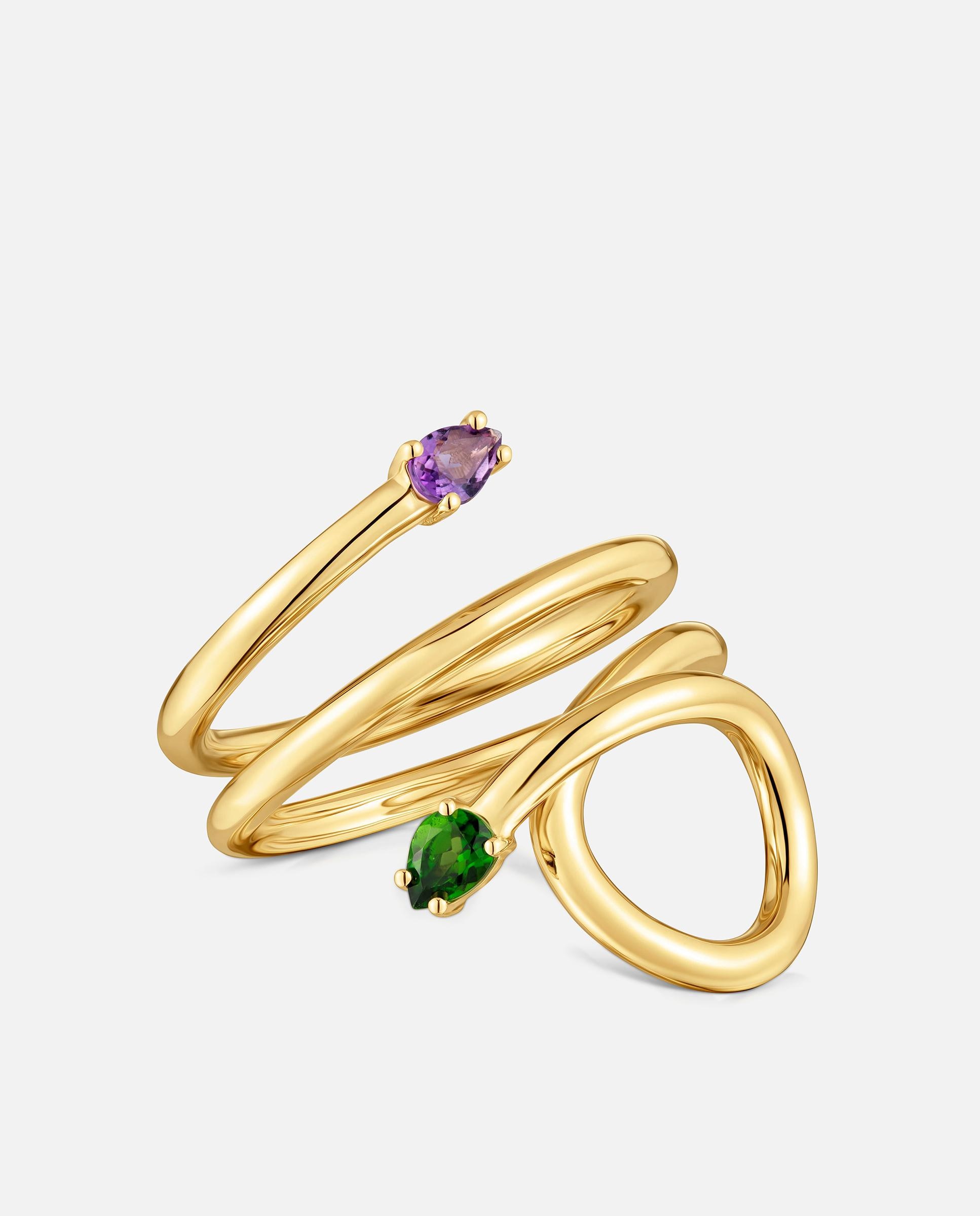 Anel Espiral com Banho de Ouro 18 Kt Sobre Prata e Gemas Lio Roxo / Verde claro-2