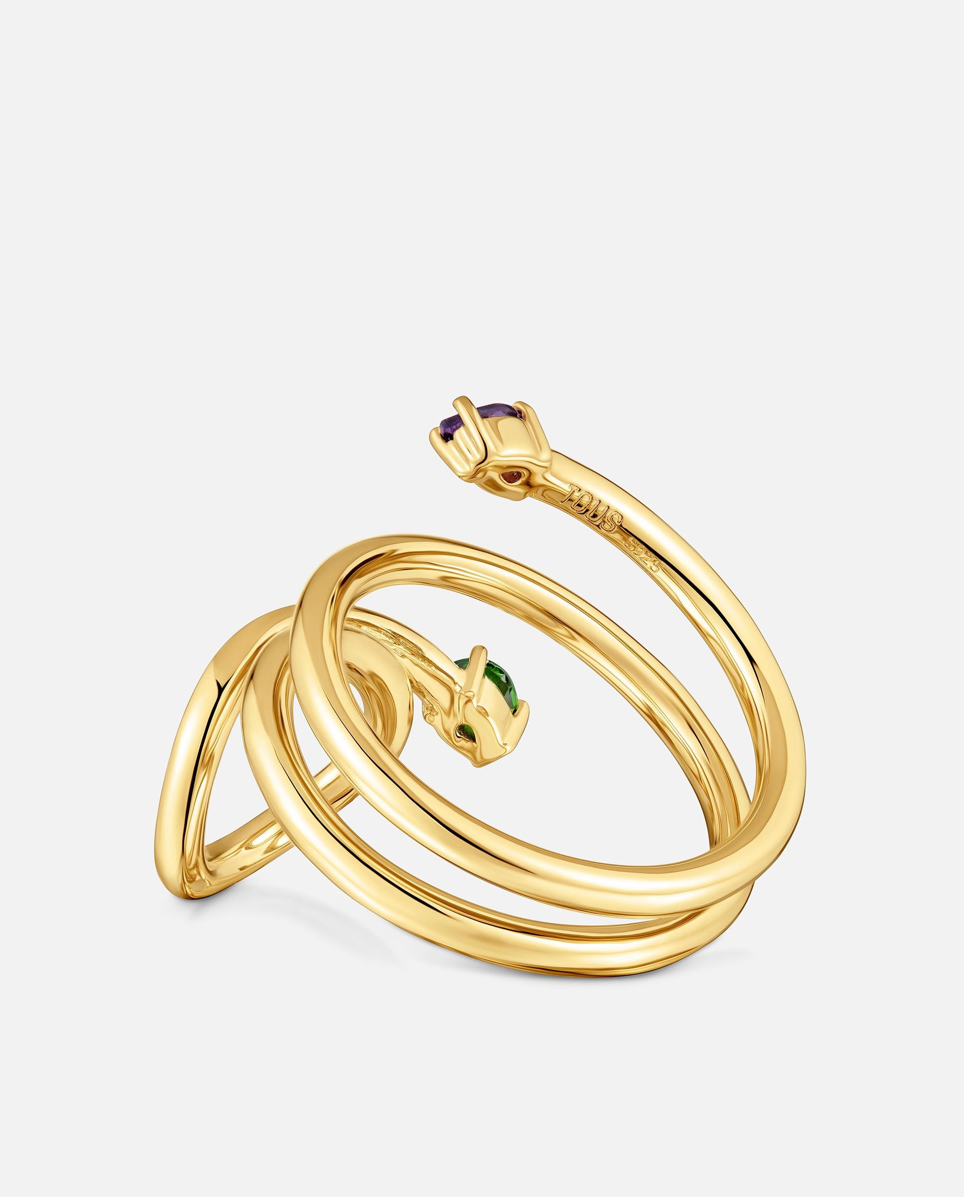 Anel Espiral com Banho de Ouro 18 Kt Sobre Prata e Gemas Lio Roxo / Verde claro-3