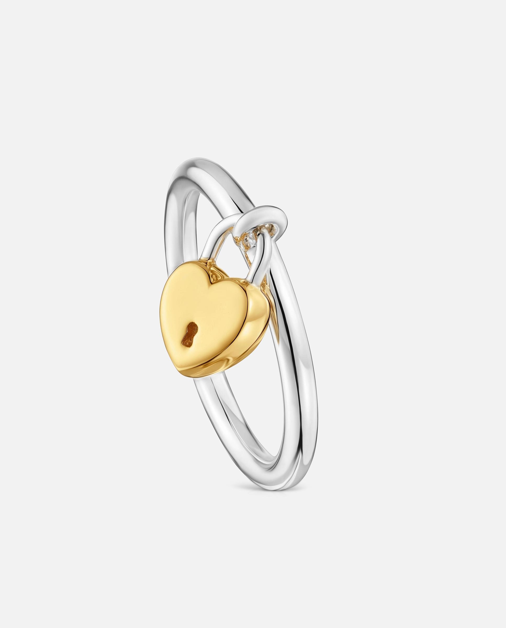 Anel de Prata e com Banho de Ouro Unlock Bicolor com Coração e Cadeado Dourado-1