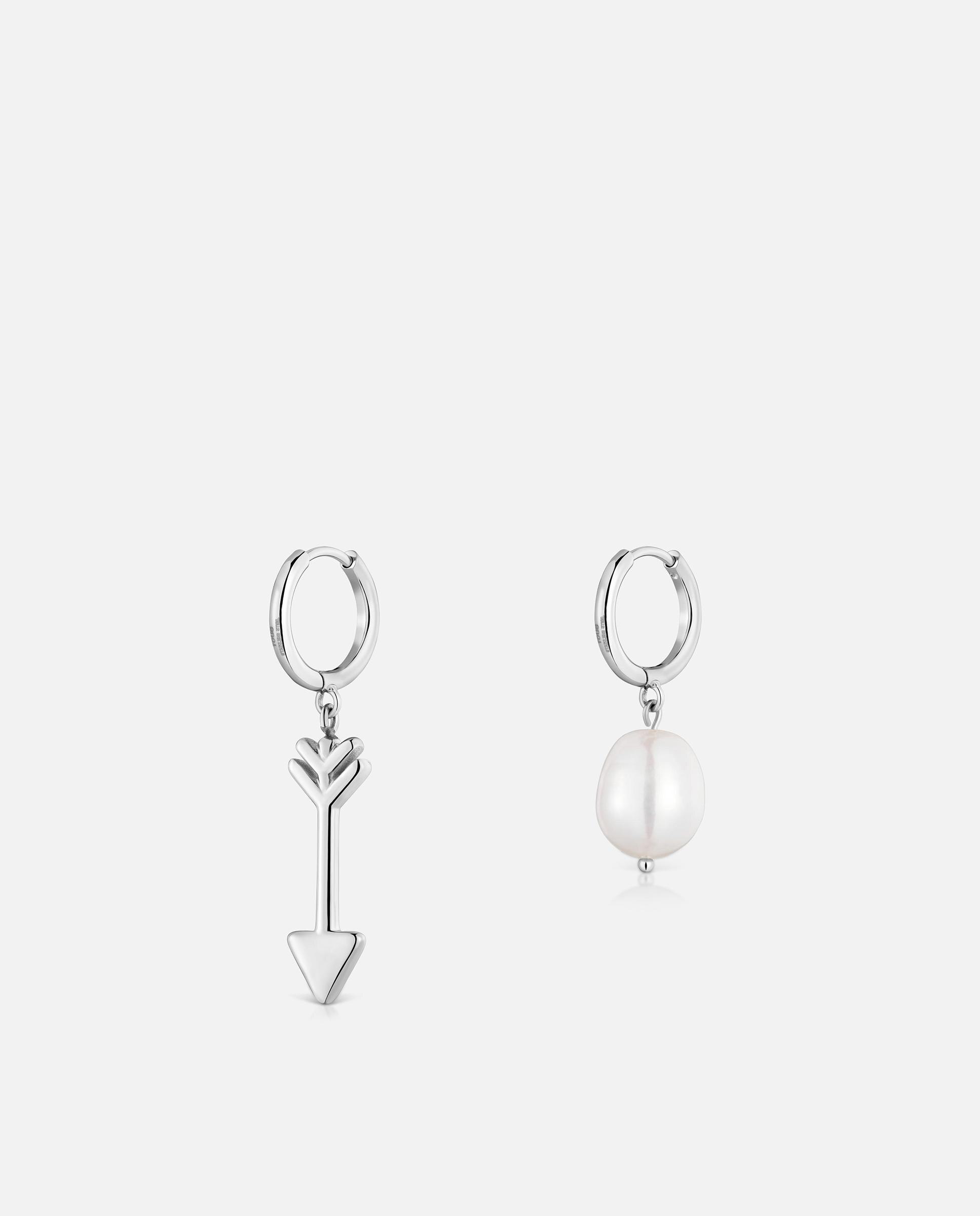 Brincos de Aro de Aço e Pérola Cultivada com Motivo Flecha Charming Prateado-3