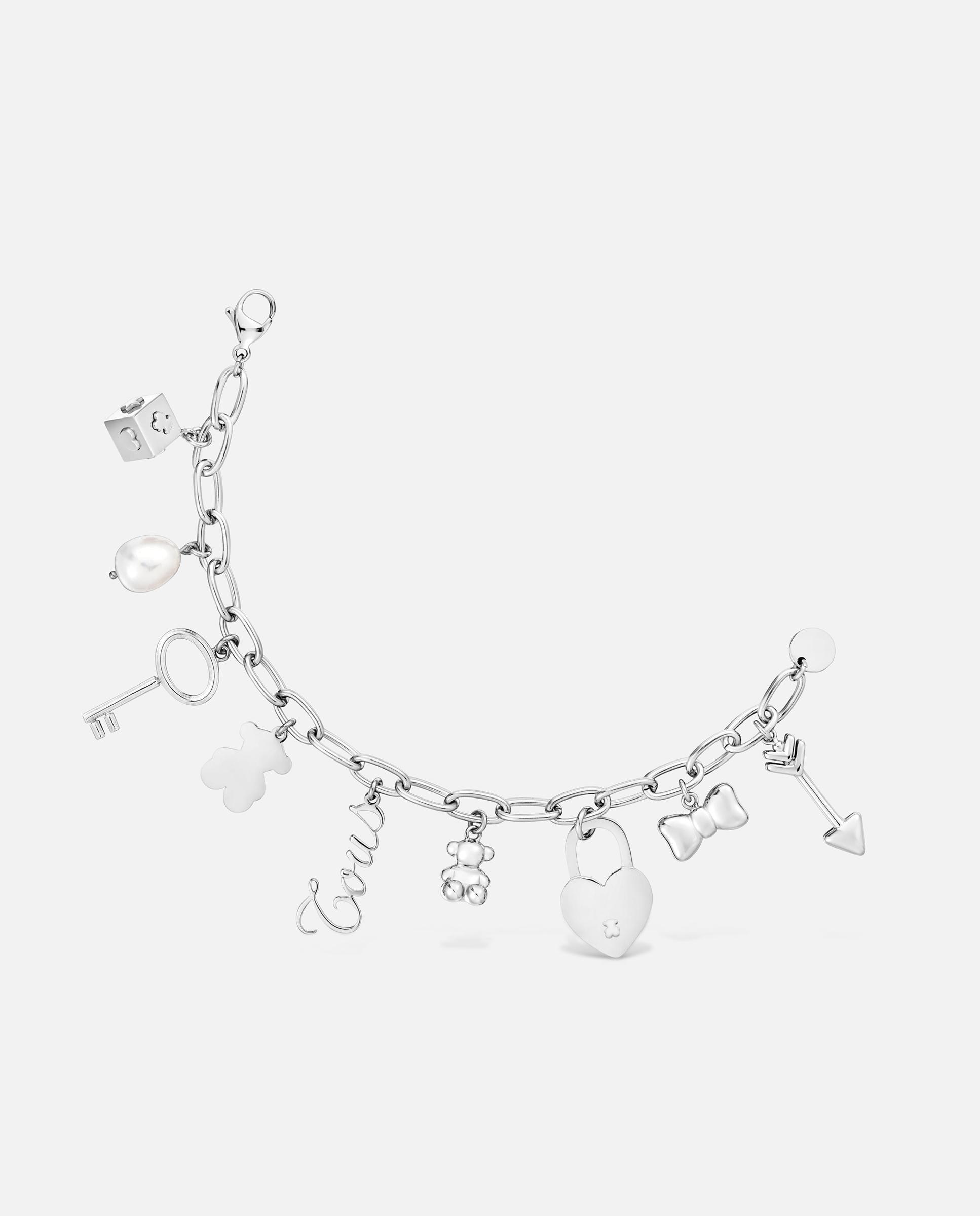 Imagem 0 de Pulseira de Aço com Pérolas Cultivadas e Motivos Pendentes Charming