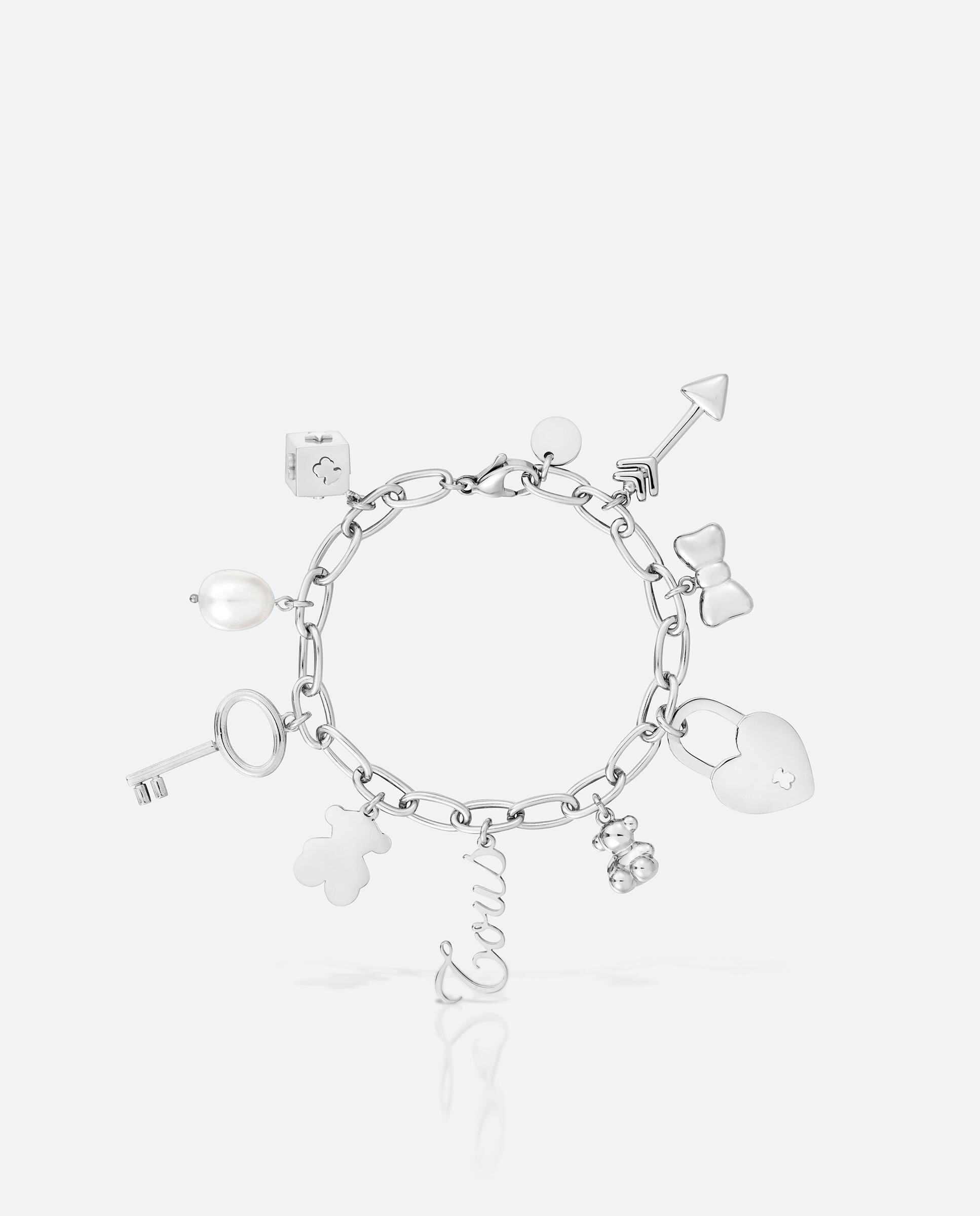 Pulseira de Aço com Pérolas Cultivadas e Motivos Pendentes Charming Prateado-2