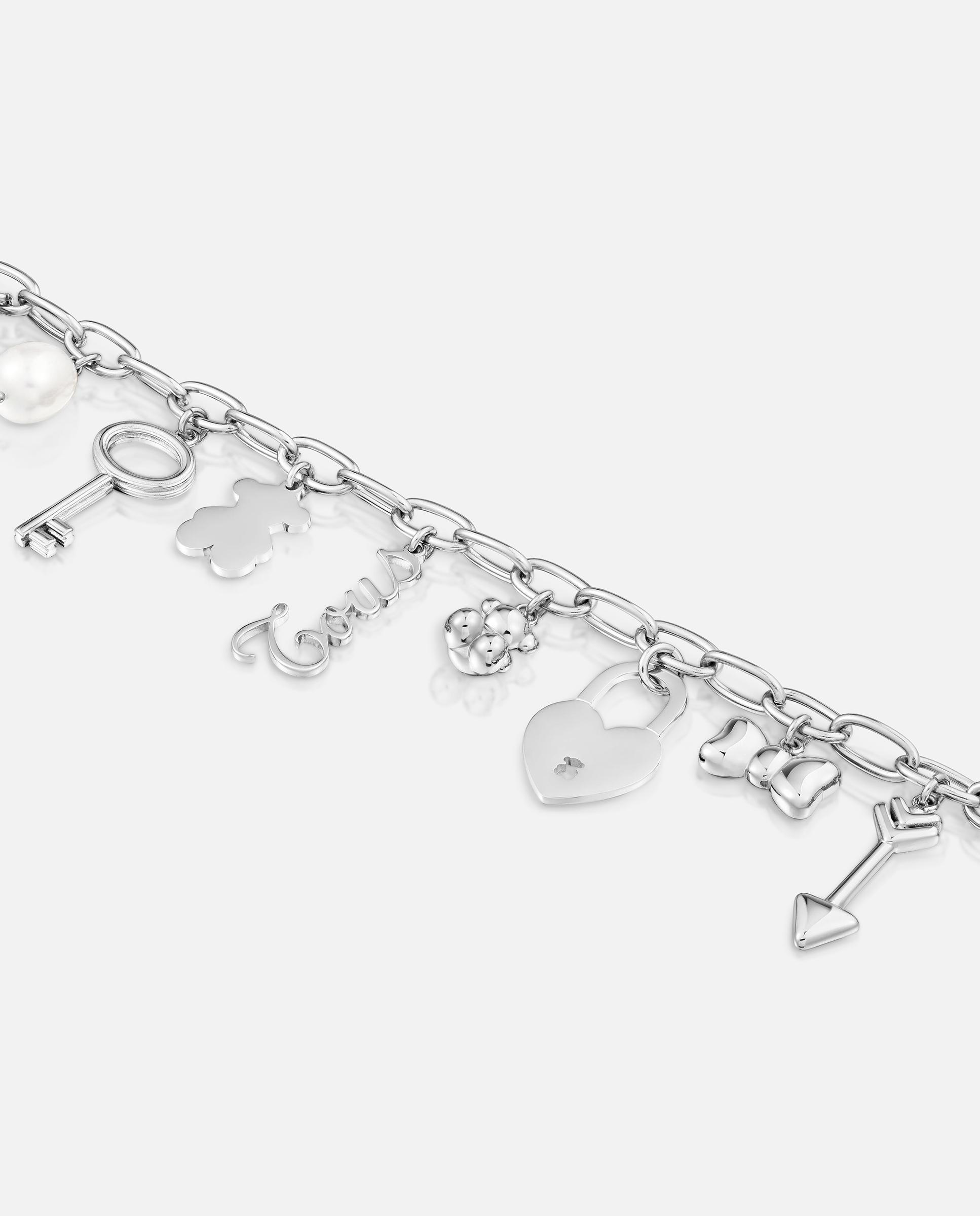 Pulseira de Aço com Pérolas Cultivadas e Motivos Pendentes Charming Prateado-3