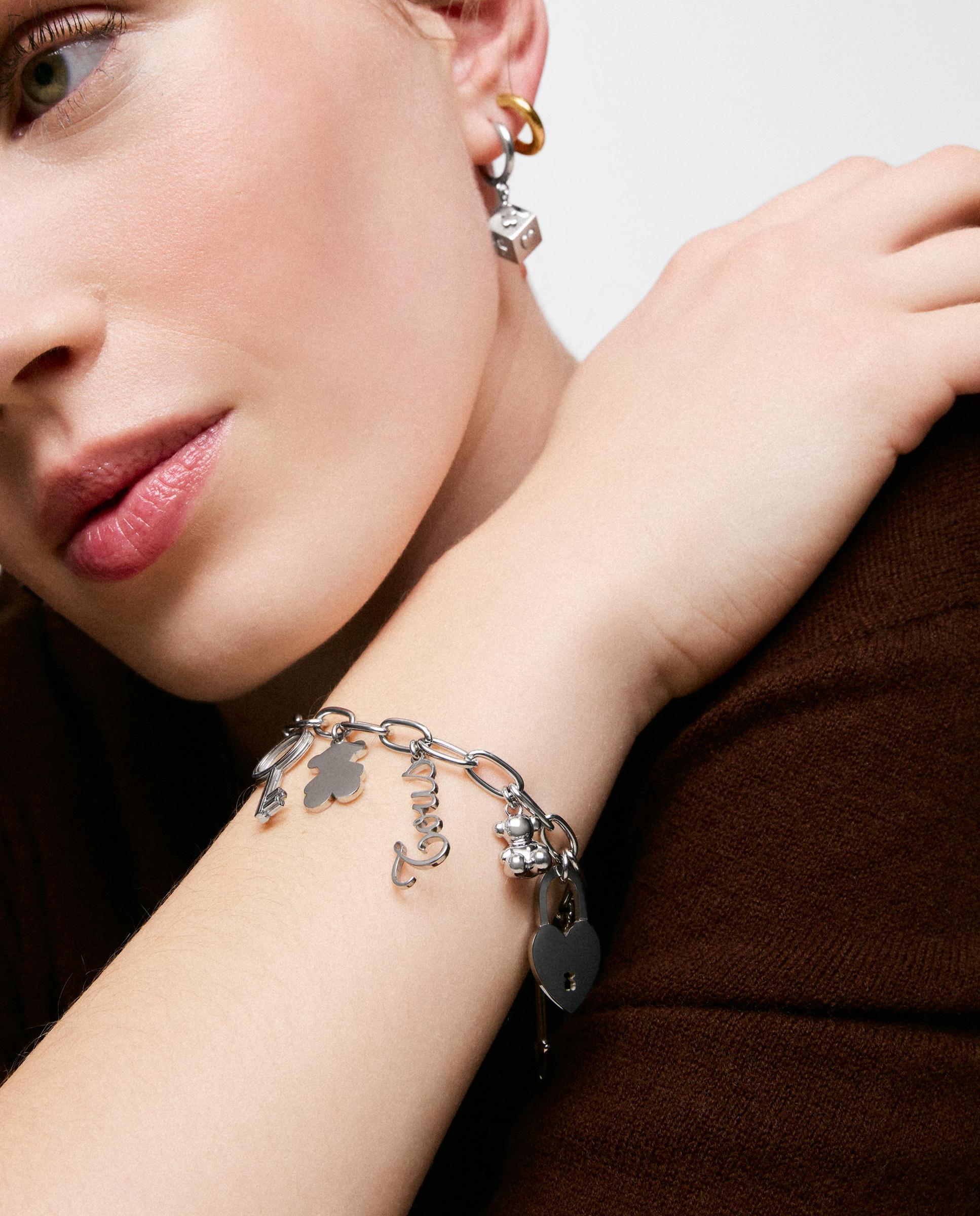 Pulseira de Aço com Pérolas Cultivadas e Motivos Pendentes Charming Prateado-4