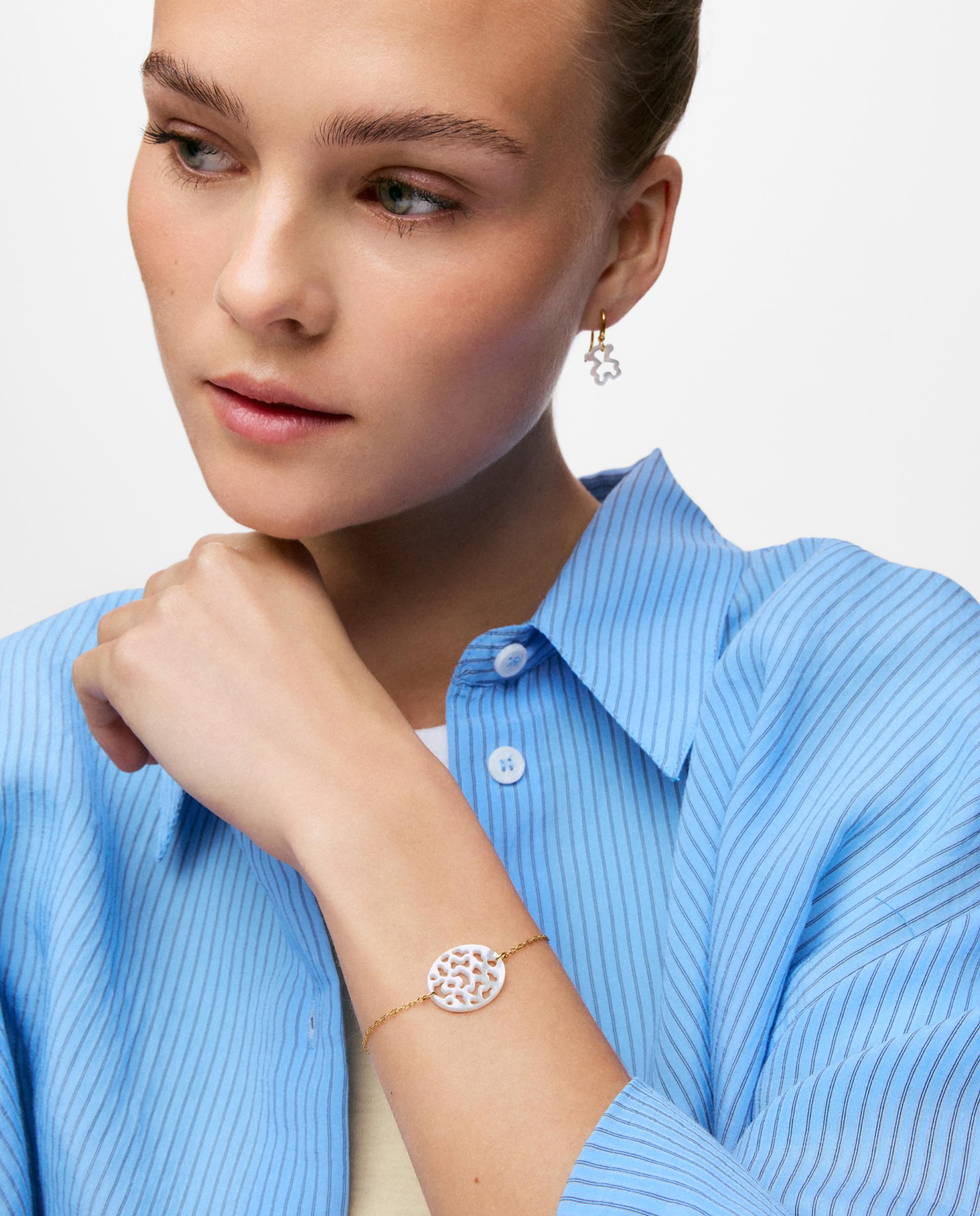 Pulseira de Corrente de Ouro 9 Kt e Madrepérola Kaos Nacar Branco-4