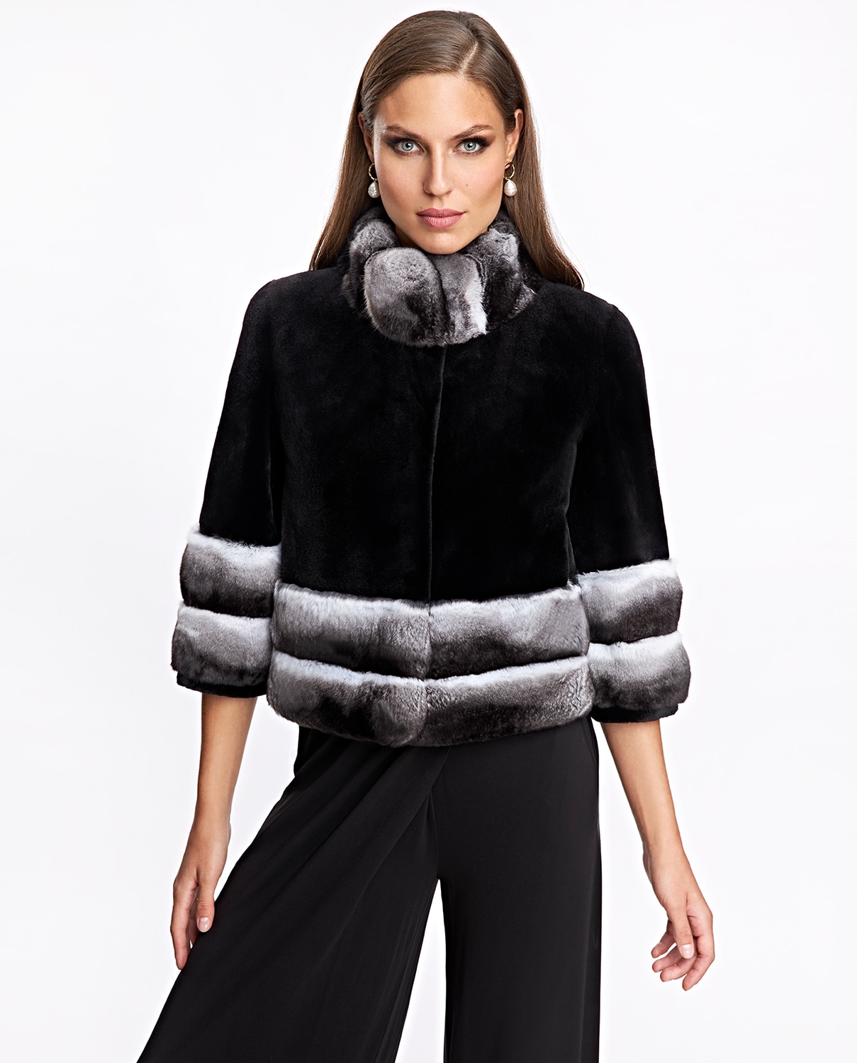 Imagem 0 de Casaco em Pelo de Vison com Bainha e Punhos de Chinchila