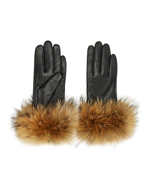 Imagem 0 de Luvas de Couro em Preto com Punhos em Pelo de Racoon Natural