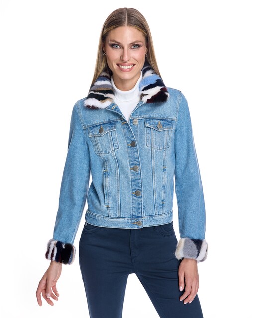 Imagem 0 de Blusão Denim com Debrum de Vison na Gola e Punhos