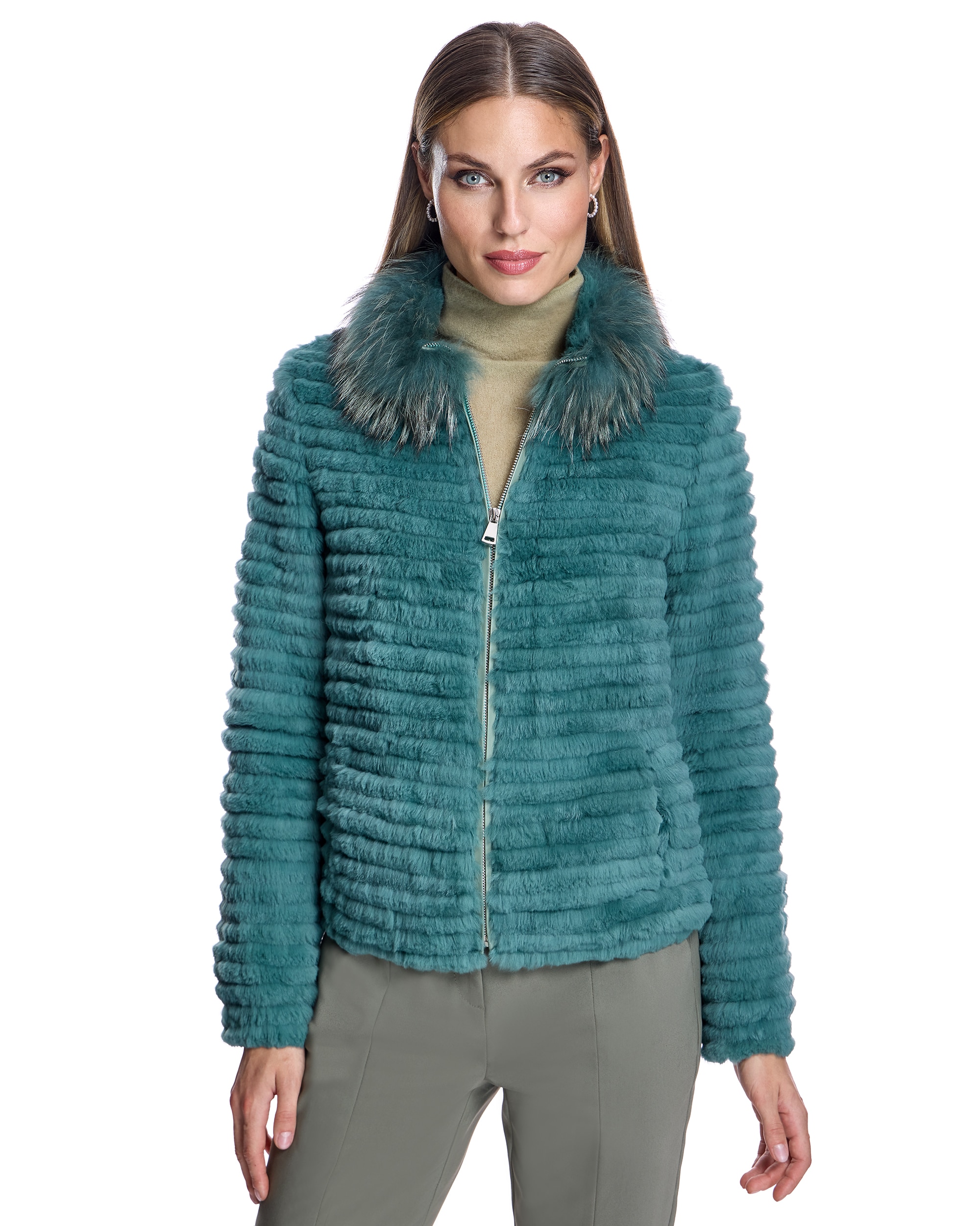 Imagem 0 de Casaco em Pelo de Coelho com Tiras e Gola de Raccoon e Fecho Zip