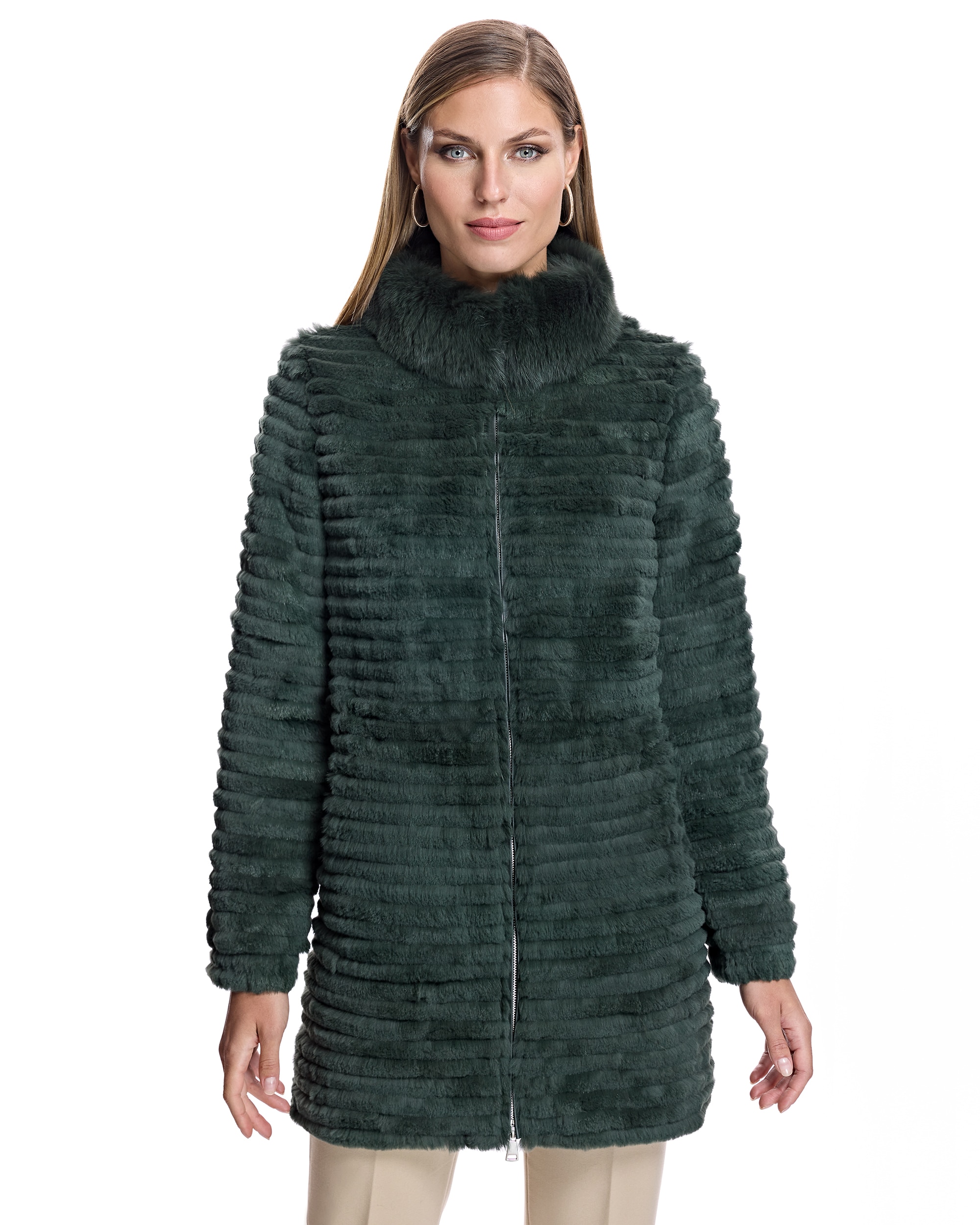 Sobretudo em Pelo de Coelho Às Riscas com Gola de Raposa e Fecho Zip Verde-militar-1
