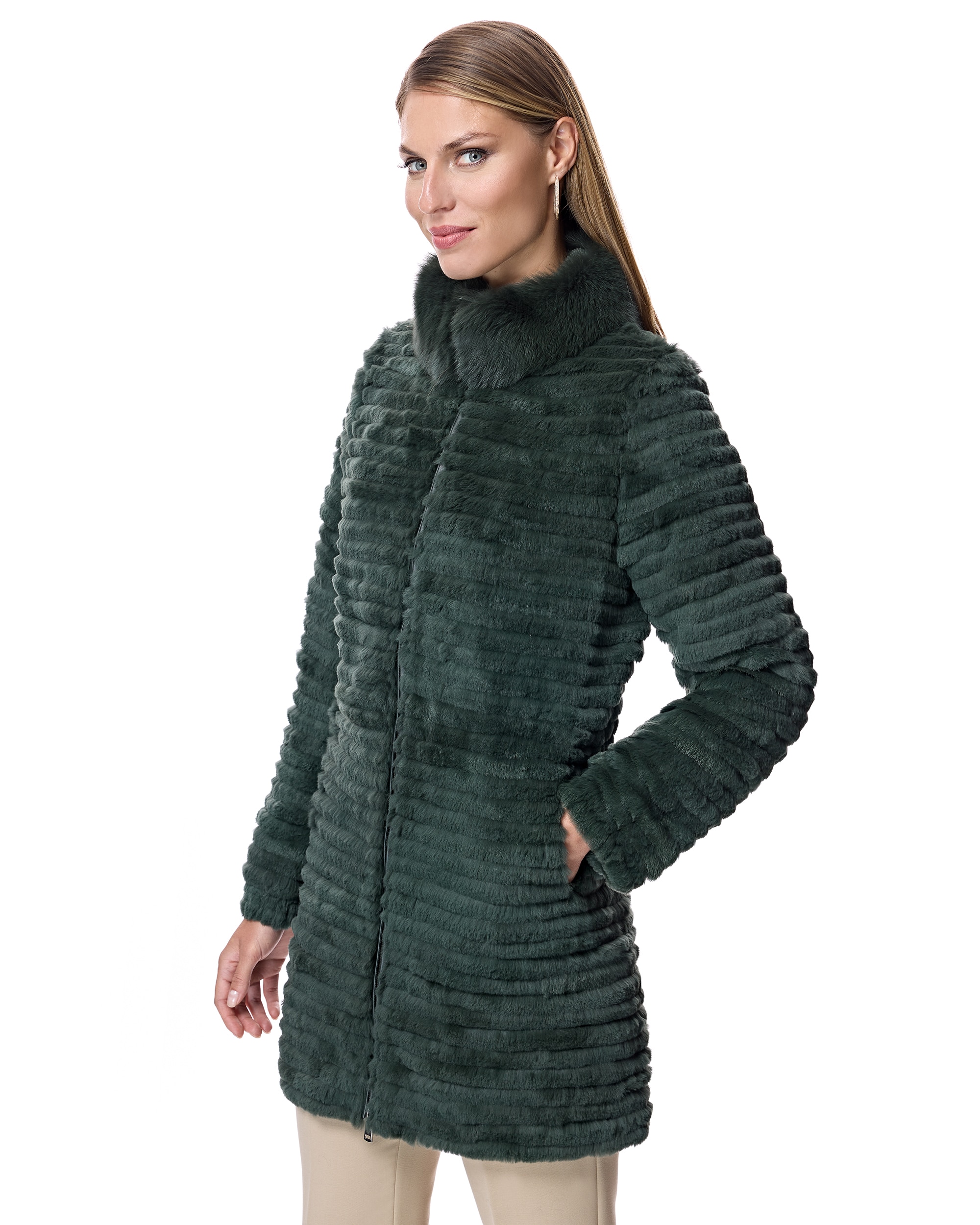Sobretudo em Pelo de Coelho Às Riscas com Gola de Raposa e Fecho Zip Verde-militar-2