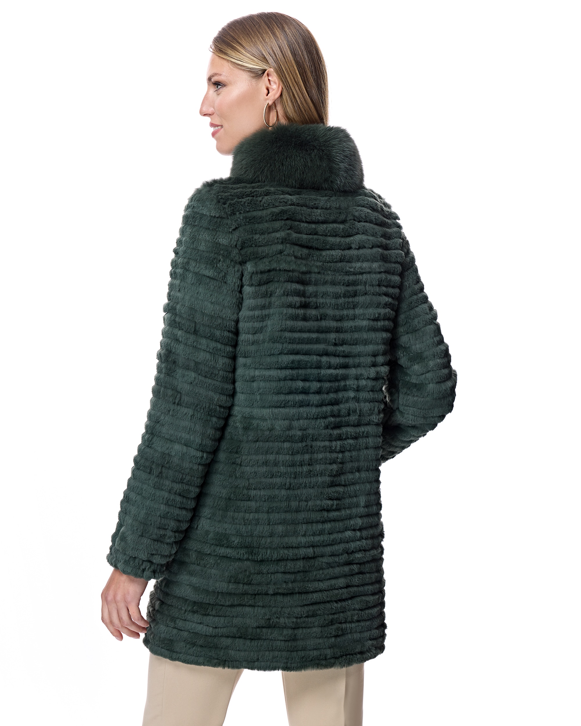 Sobretudo em Pelo de Coelho Às Riscas com Gola de Raposa e Fecho Zip Verde-militar-3