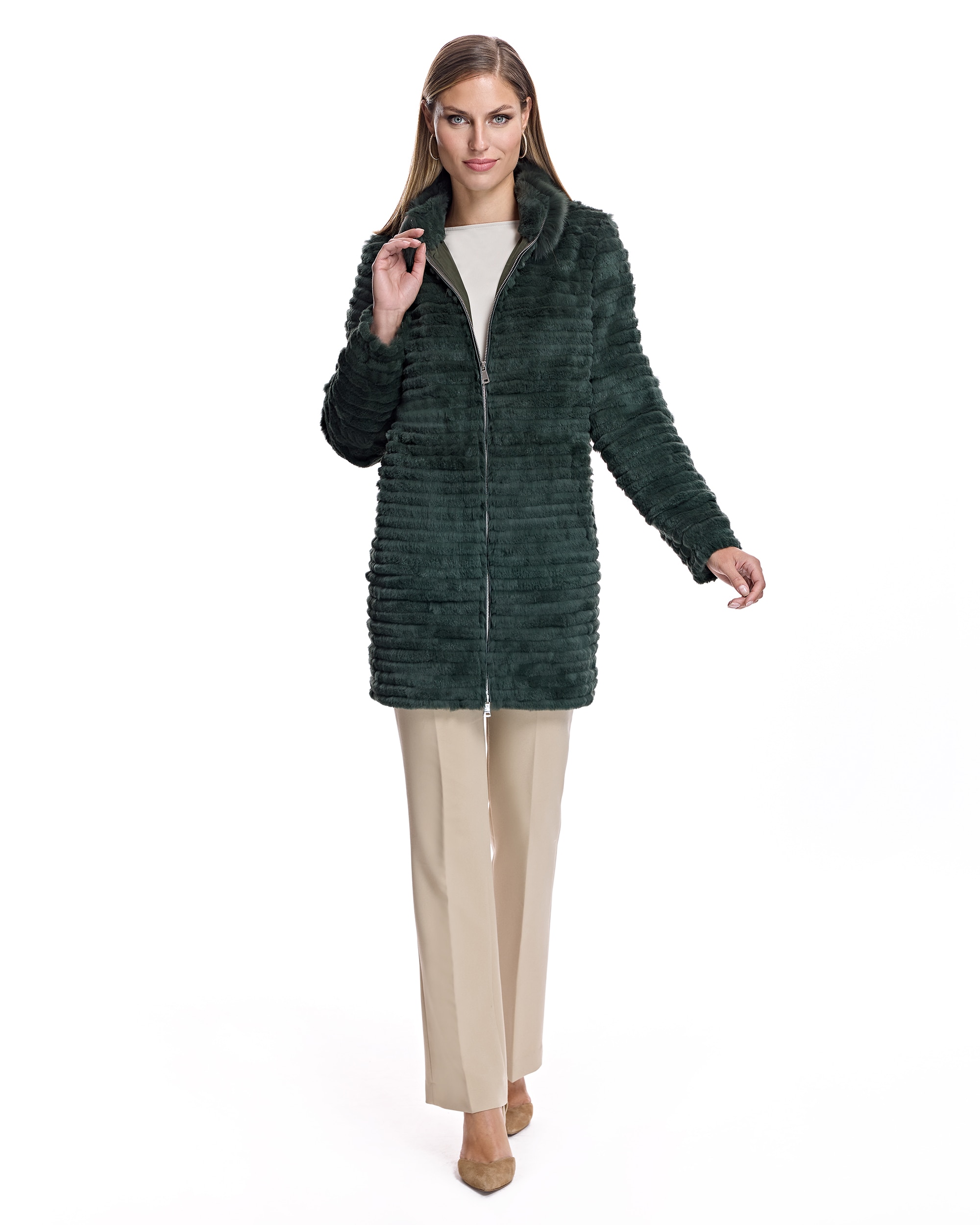 Sobretudo em Pelo de Coelho Às Riscas com Gola de Raposa e Fecho Zip Verde-militar-4