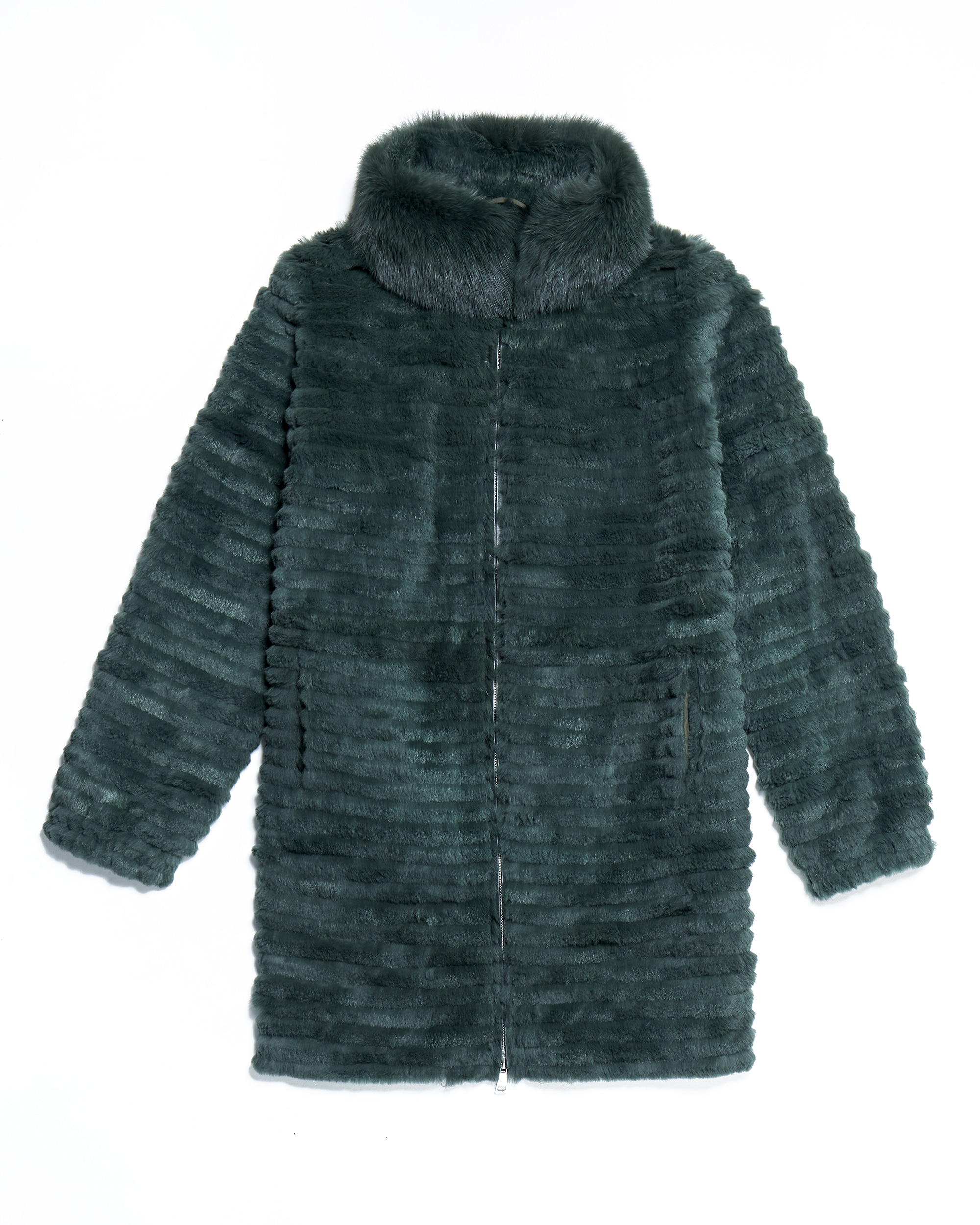 Sobretudo em Pelo de Coelho Às Riscas com Gola de Raposa e Fecho Zip Verde-militar-5