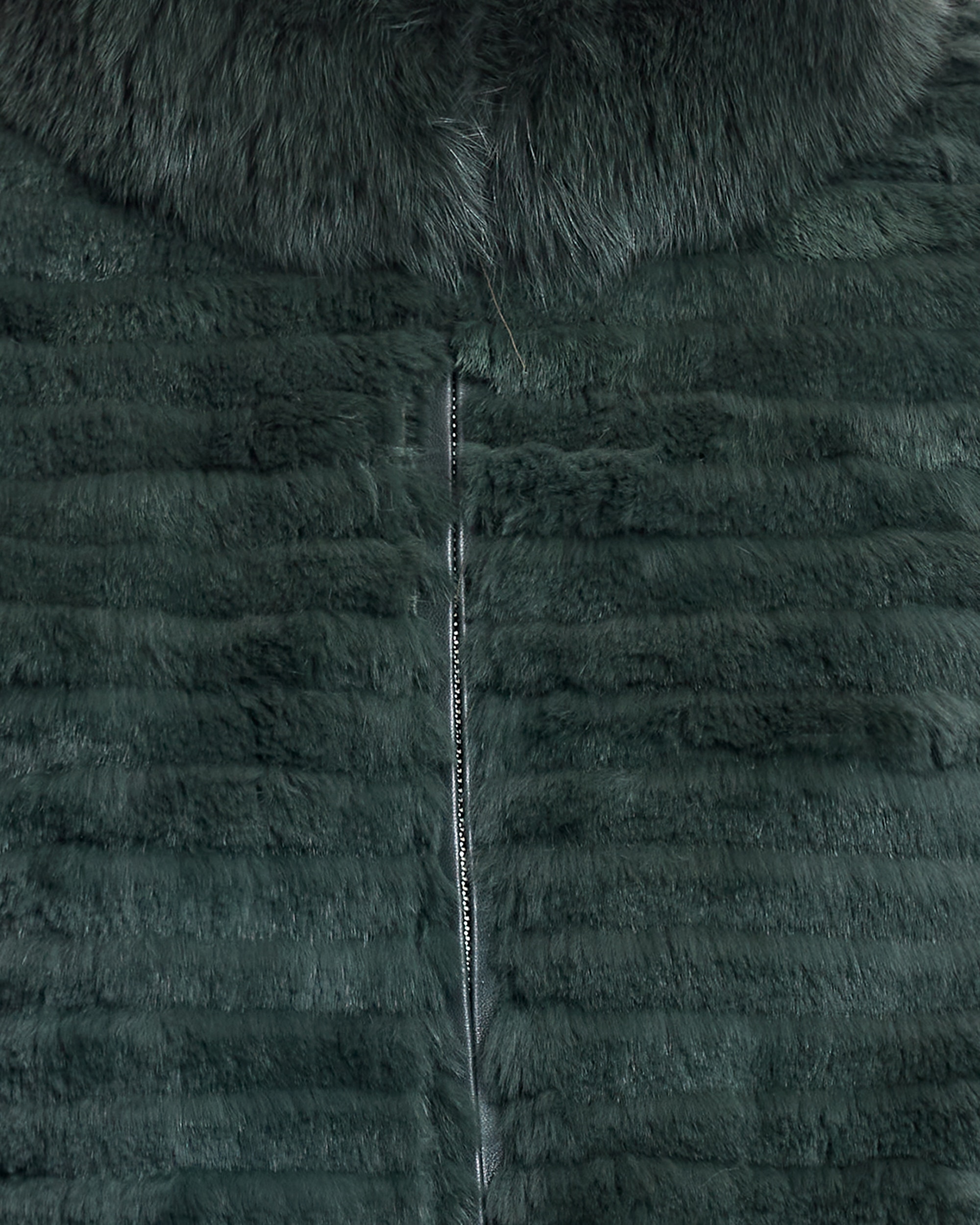 Sobretudo em Pelo de Coelho Às Riscas com Gola de Raposa e Fecho Zip Verde-militar-6