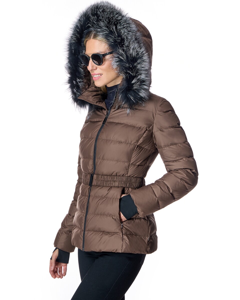 Plumífero com Capuz com Rebordos de Raposa Castanho-2