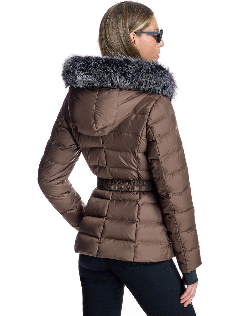 Plumífero com Capuz com Rebordos de Raposa Castanho-3