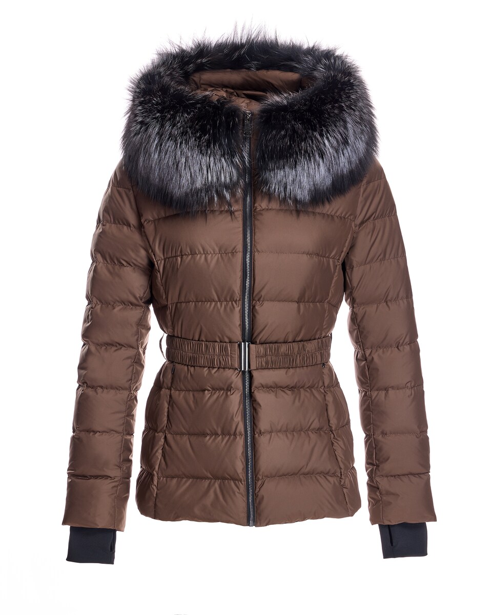 Plumífero com Capuz com Rebordos de Raposa Castanho-5