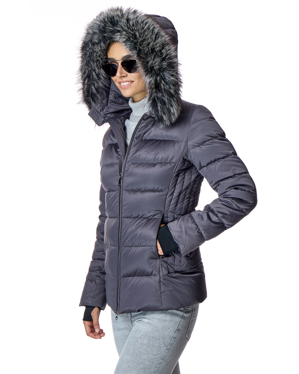 Blusão Acolchoado com Capuz Debruado em Raposa Cinzento-escuro-2