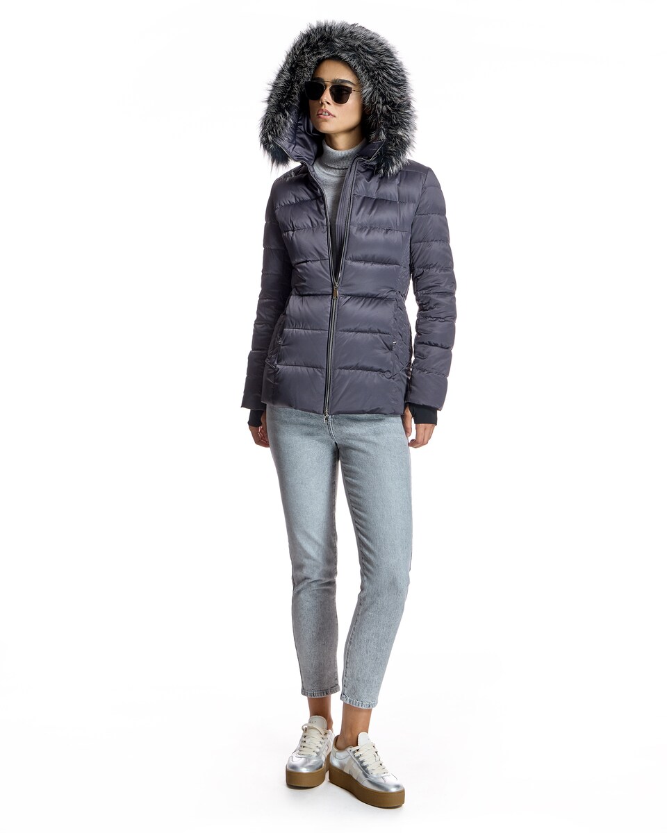 Blusão Acolchoado com Capuz Debruado em Raposa Cinzento-escuro-4