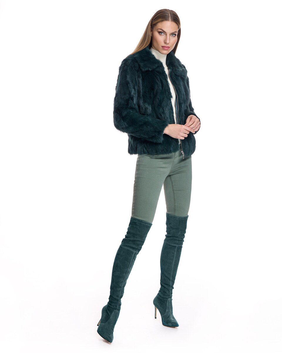 Casaco em Pelo de Rabbit com Fecho Zip Esmeralda-4
