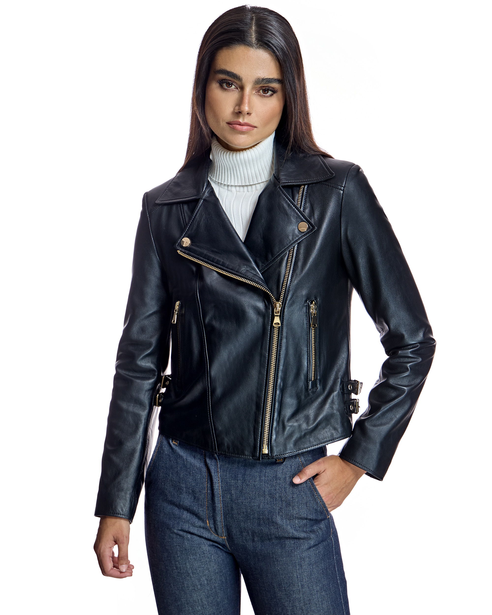 Blusão de Pele de Couro com Fecho Zip Preto-1
